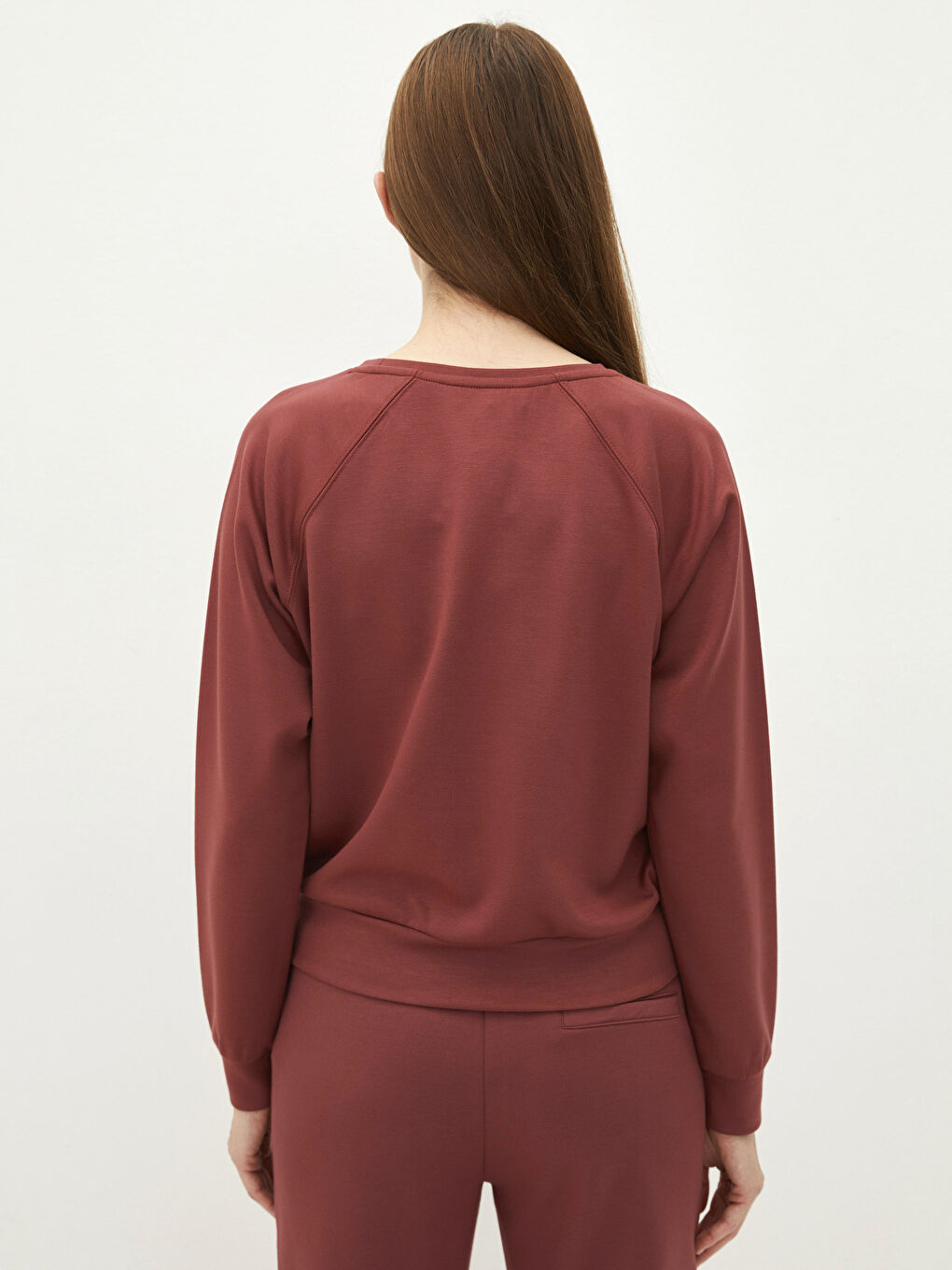 Pembe Bisiklet Yaka Düz Uzun Kollu Kadın Sweatshirt-4