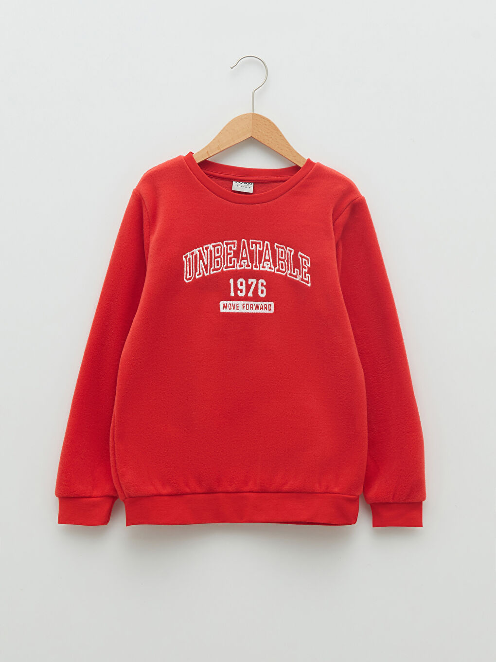 LCW Kids Canlı Kırmızı Bisiklet Yaka Nakış Detaylı Uzun Kollu Polar Erkek Çocuk Sweatshirt