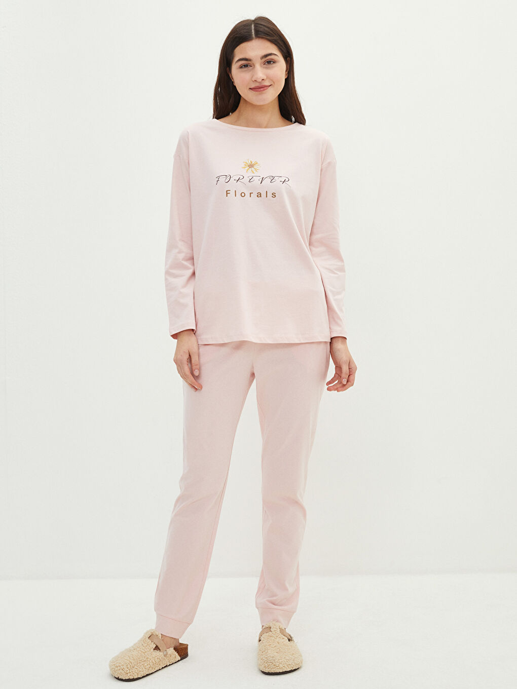 Pembe Bisiklet Yaka Baskılı Uzun Kollu Pamuklu Kadın Pijama Takımı