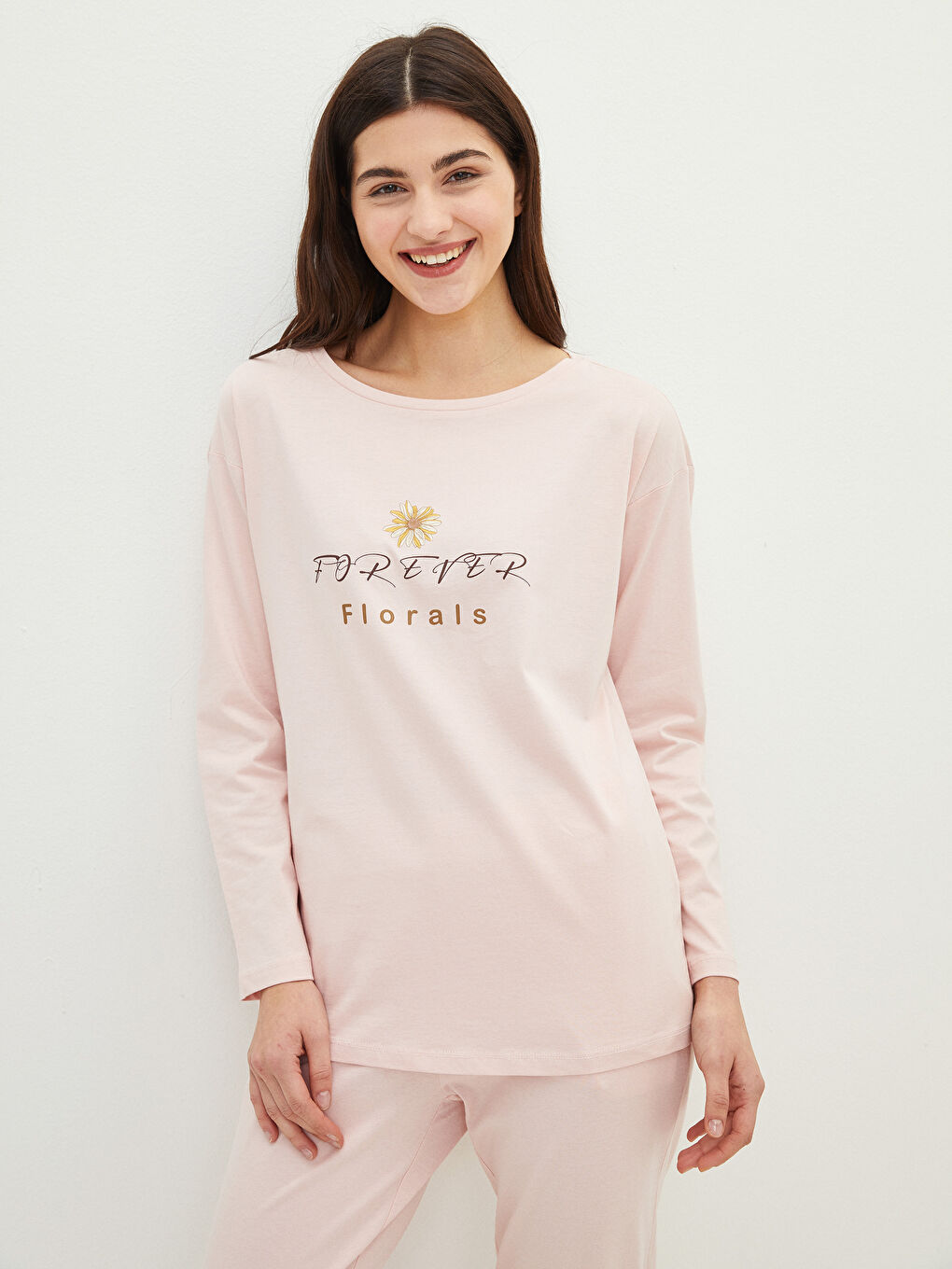 Pembe Bisiklet Yaka Baskılı Uzun Kollu Pamuklu Kadın Pijama Takımı-2