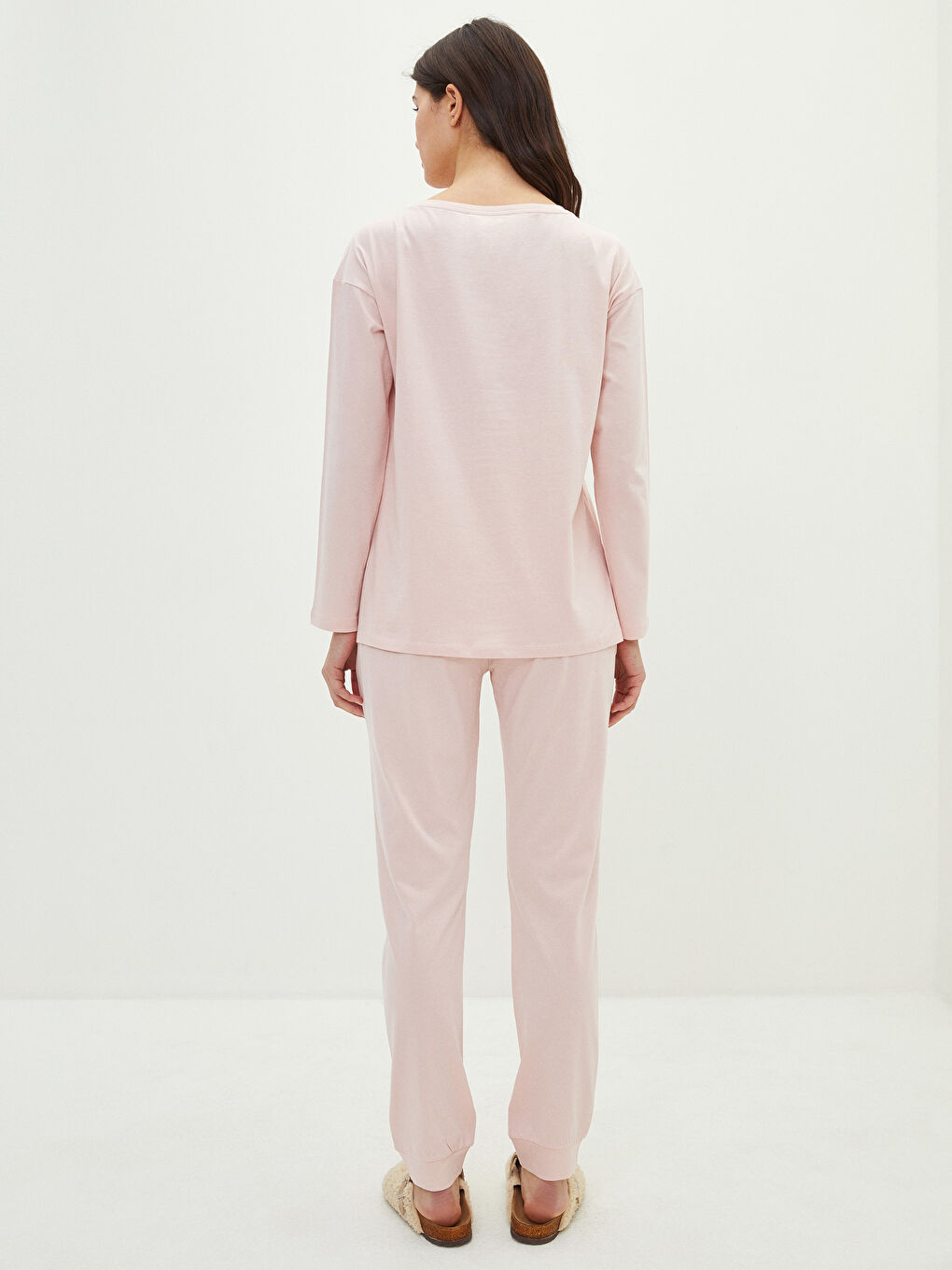 Pembe Bisiklet Yaka Baskılı Uzun Kollu Pamuklu Kadın Pijama Takımı-4