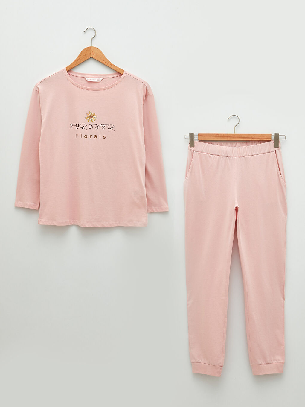 Pembe Bisiklet Yaka Baskılı Uzun Kollu Pamuklu Kadın Pijama Takımı-5