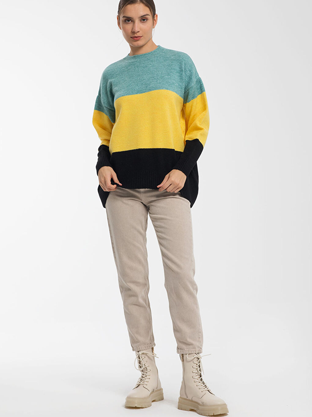 Sarı Bisiklet Yaka Renk Bloklu Oversize Kadın Triko Kazak