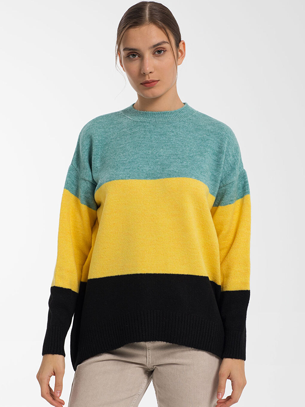 Sarı Bisiklet Yaka Renk Bloklu Oversize Kadın Triko Kazak-1