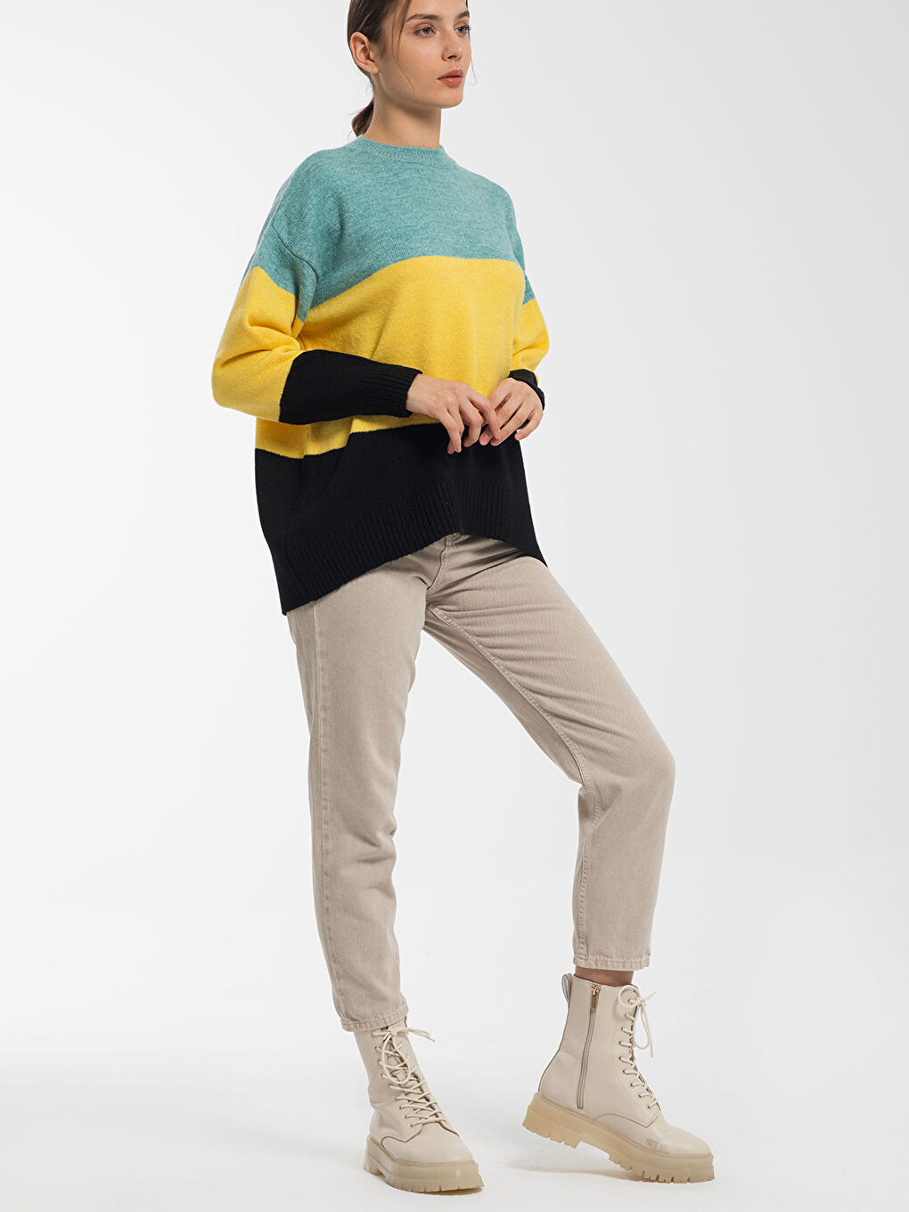 Sarı Bisiklet Yaka Renk Bloklu Oversize Kadın Triko Kazak-2