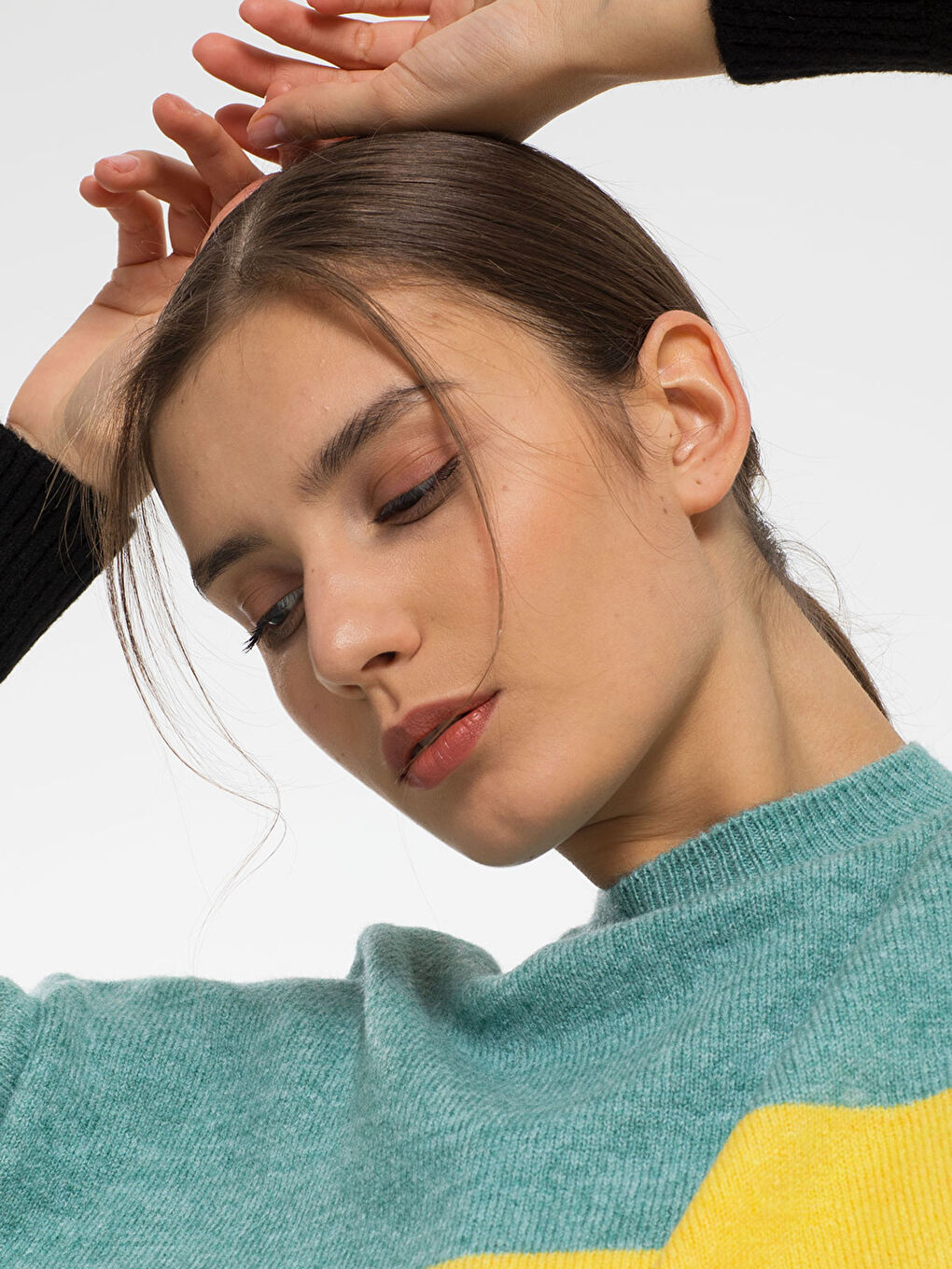 Sarı Bisiklet Yaka Renk Bloklu Oversize Kadın Triko Kazak-3