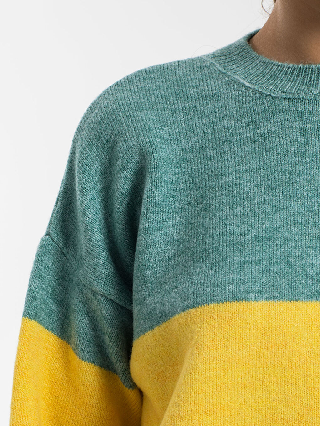 Sarı Bisiklet Yaka Renk Bloklu Oversize Kadın Triko Kazak-4