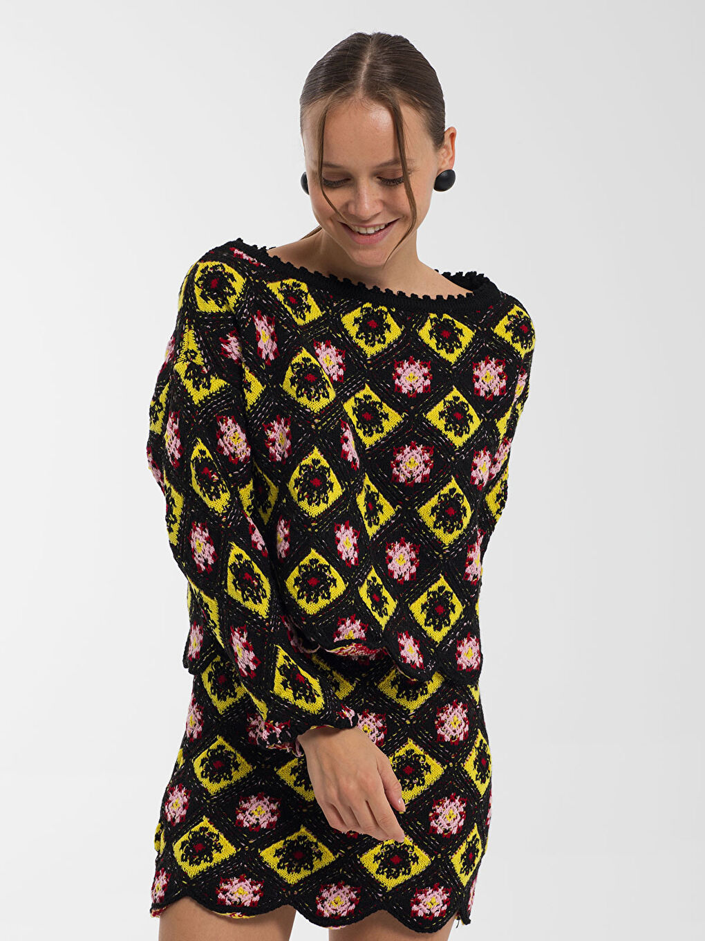 NİSAN TRİKO Boat Collar Patterned Long Sleeve Women's Knitwear Sweater and Skirt Set -W1M715Z8-T4T