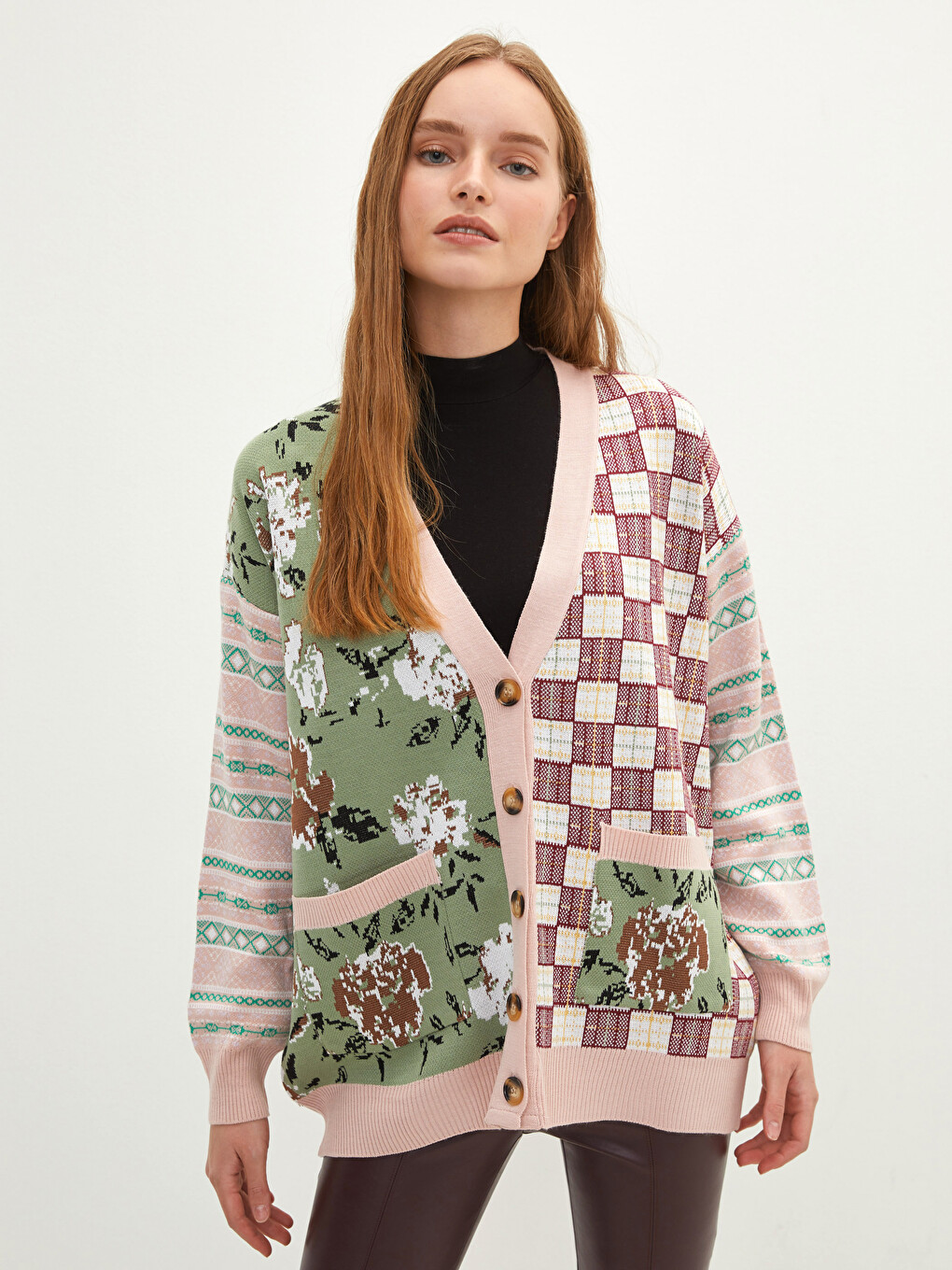 Avrile Clothing V-Neck Patterned Long Sleeve Women's Knitwear Cardigan