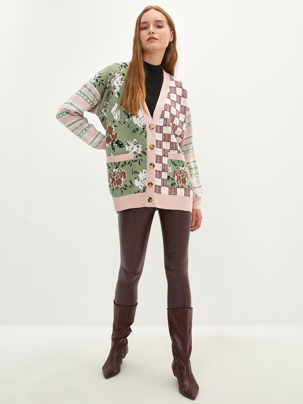 Avrile Clothing V-Neck Patterned Long Sleeve Women's Knitwear Cardigan-1