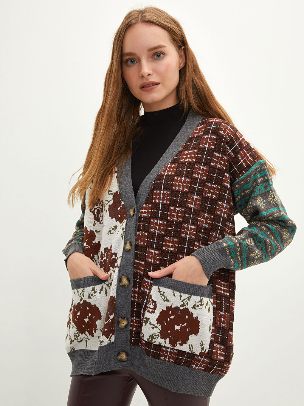 NİSAN TRİKO Avrile Clothing V-Neck Patterned Long Sleeve Women's Knitwear Cardigan -W1M717Z8-QT6