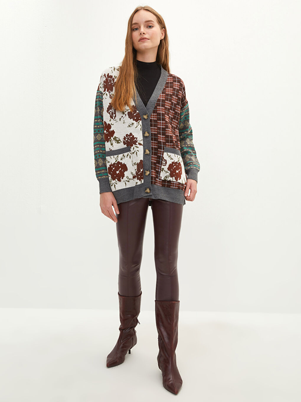 NİSAN TRİKO Avrile Clothing V-Neck Patterned Long Sleeve Women's Knitwear Cardigan -W1M717Z8-QT6