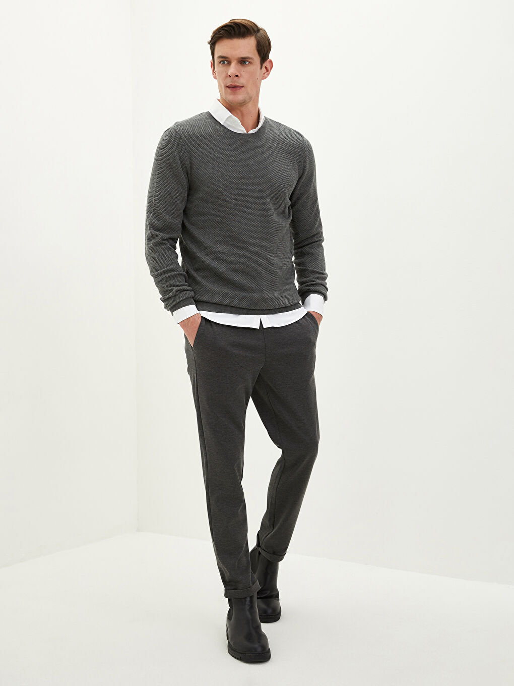Crew Neck Long Sleeve Thin Men's Tricot Sweater-2