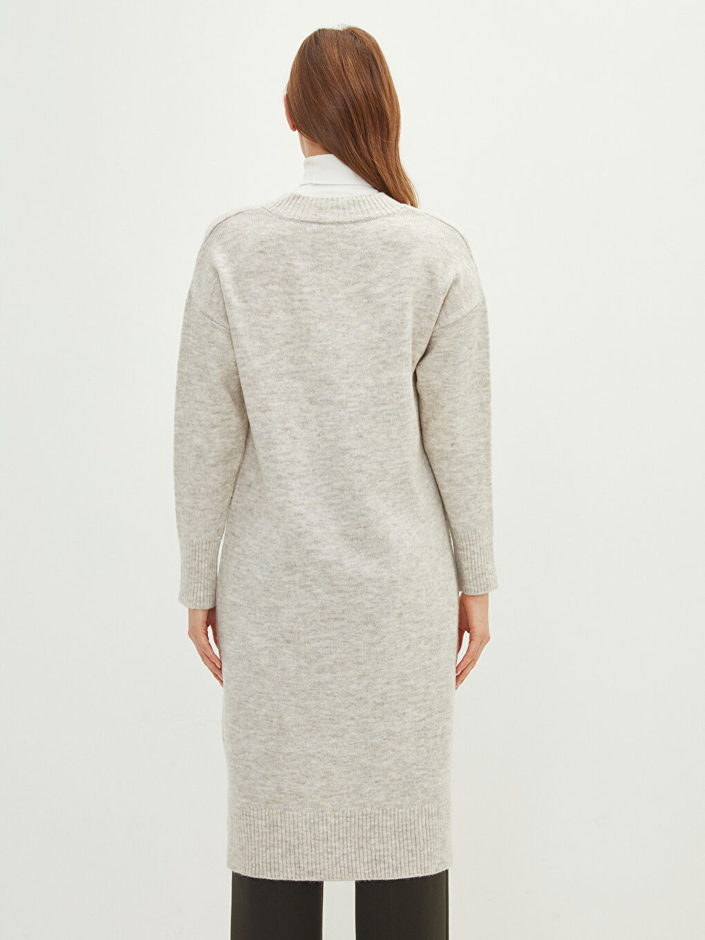 Gri V Yaka Düz Uzun Kollu Kadın Triko Tunik-4