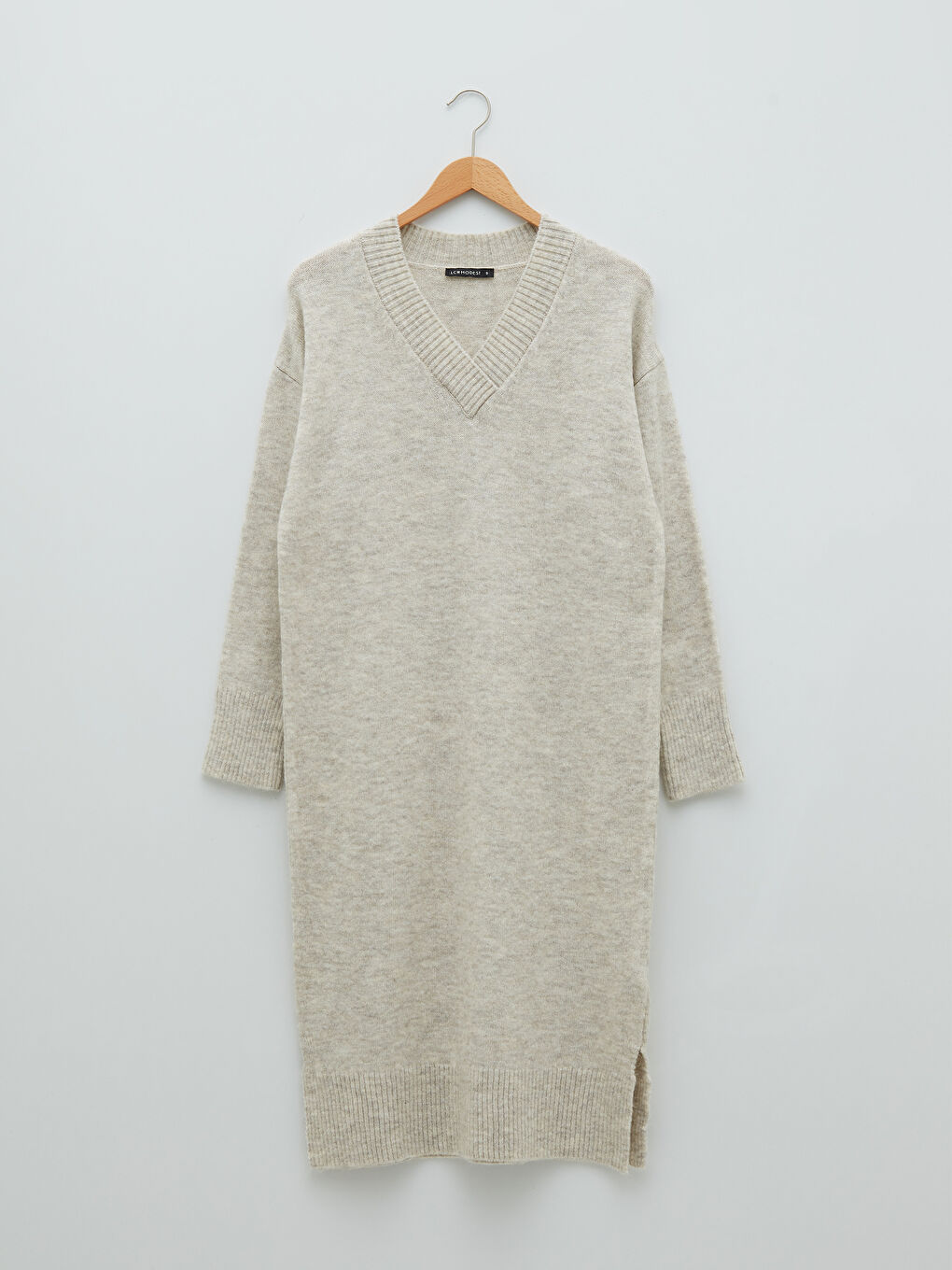 Gri V Yaka Düz Uzun Kollu Kadın Triko Tunik-5