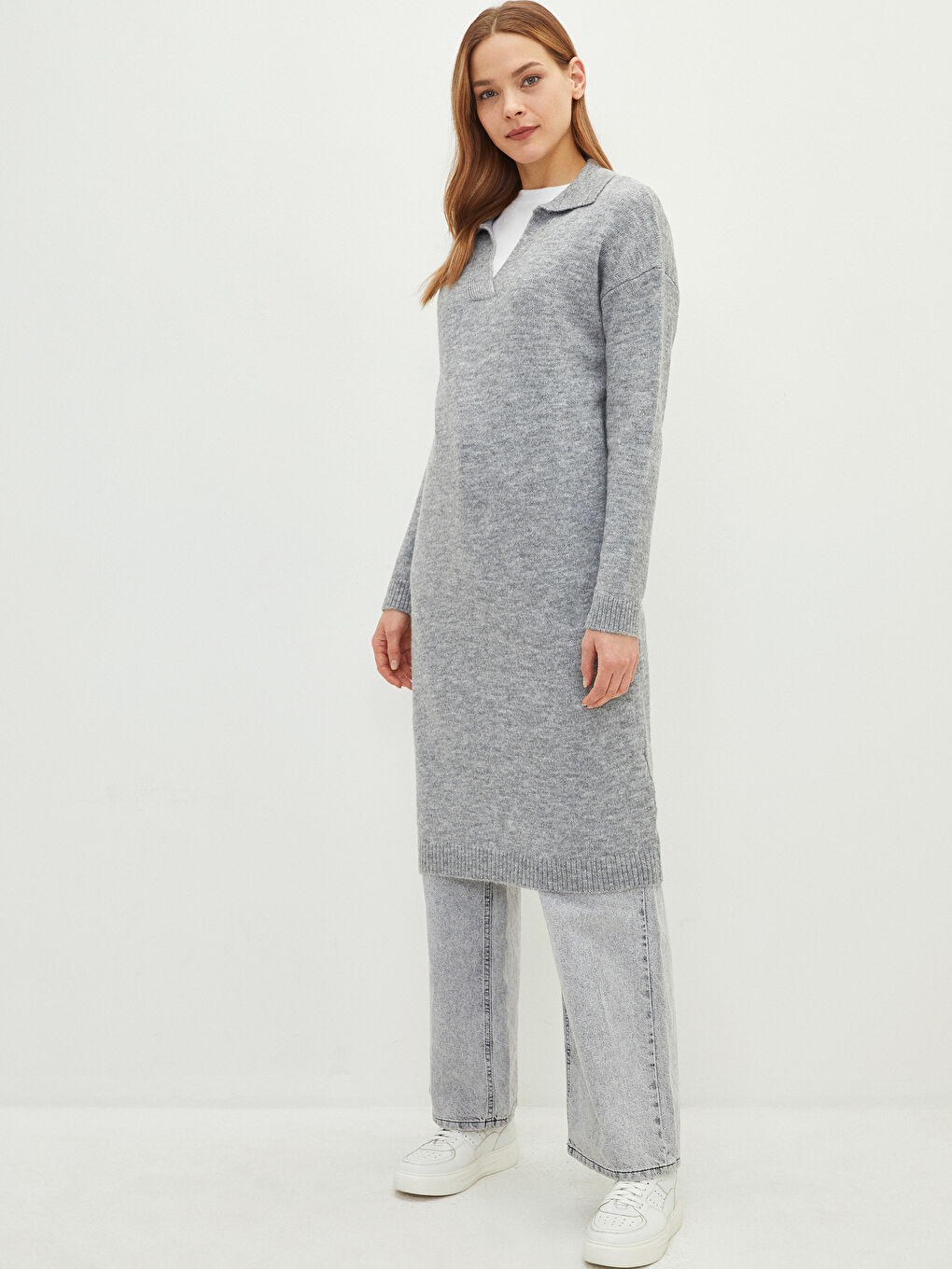 Gri Polo Yaka Düz Uzun Kollu Kadın Triko Tunik-1