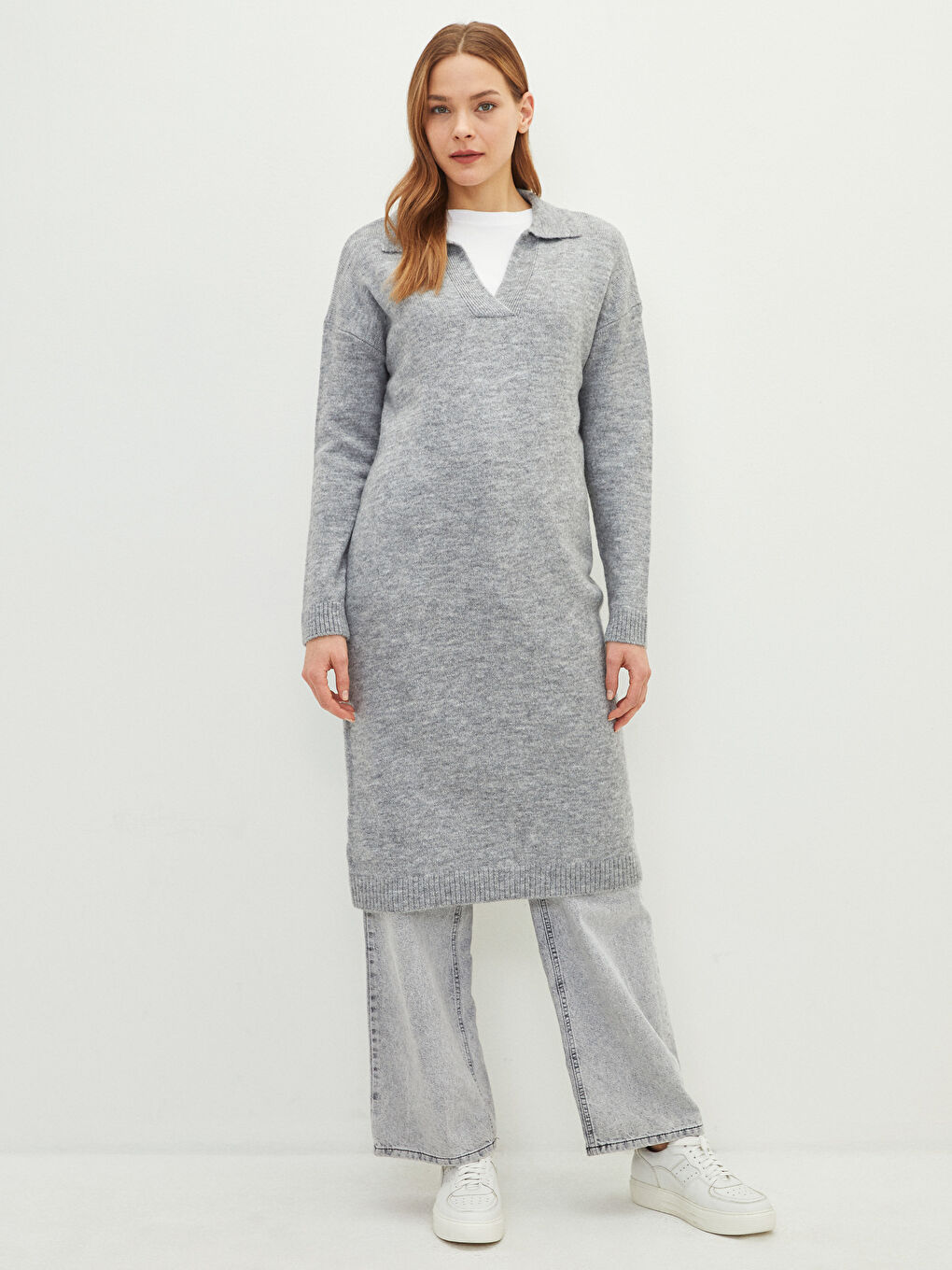 Gri Polo Yaka Düz Uzun Kollu Kadın Triko Tunik-2