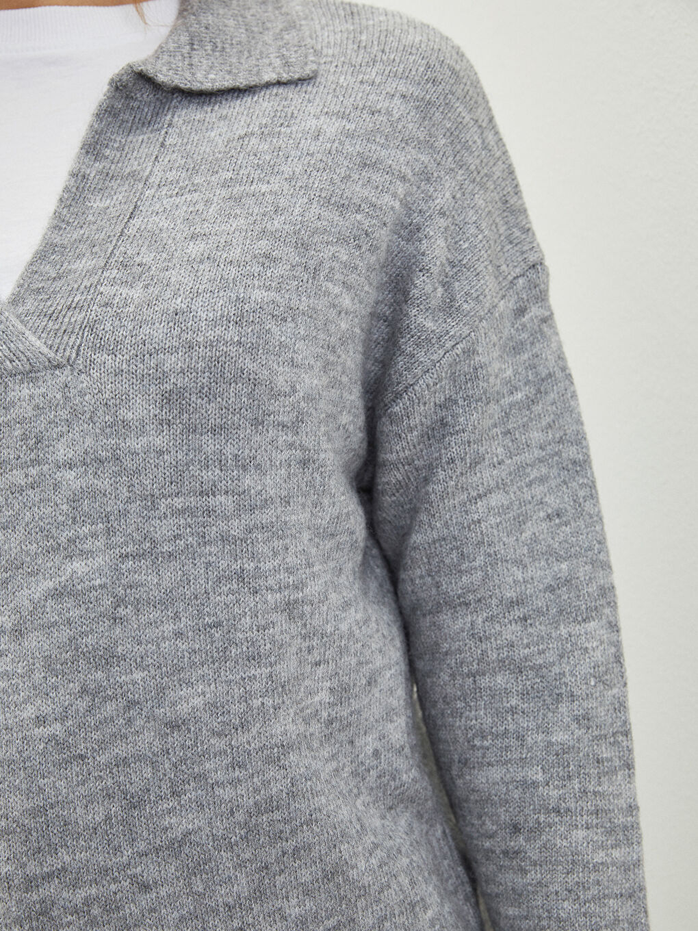 Gri Polo Yaka Düz Uzun Kollu Kadın Triko Tunik-3