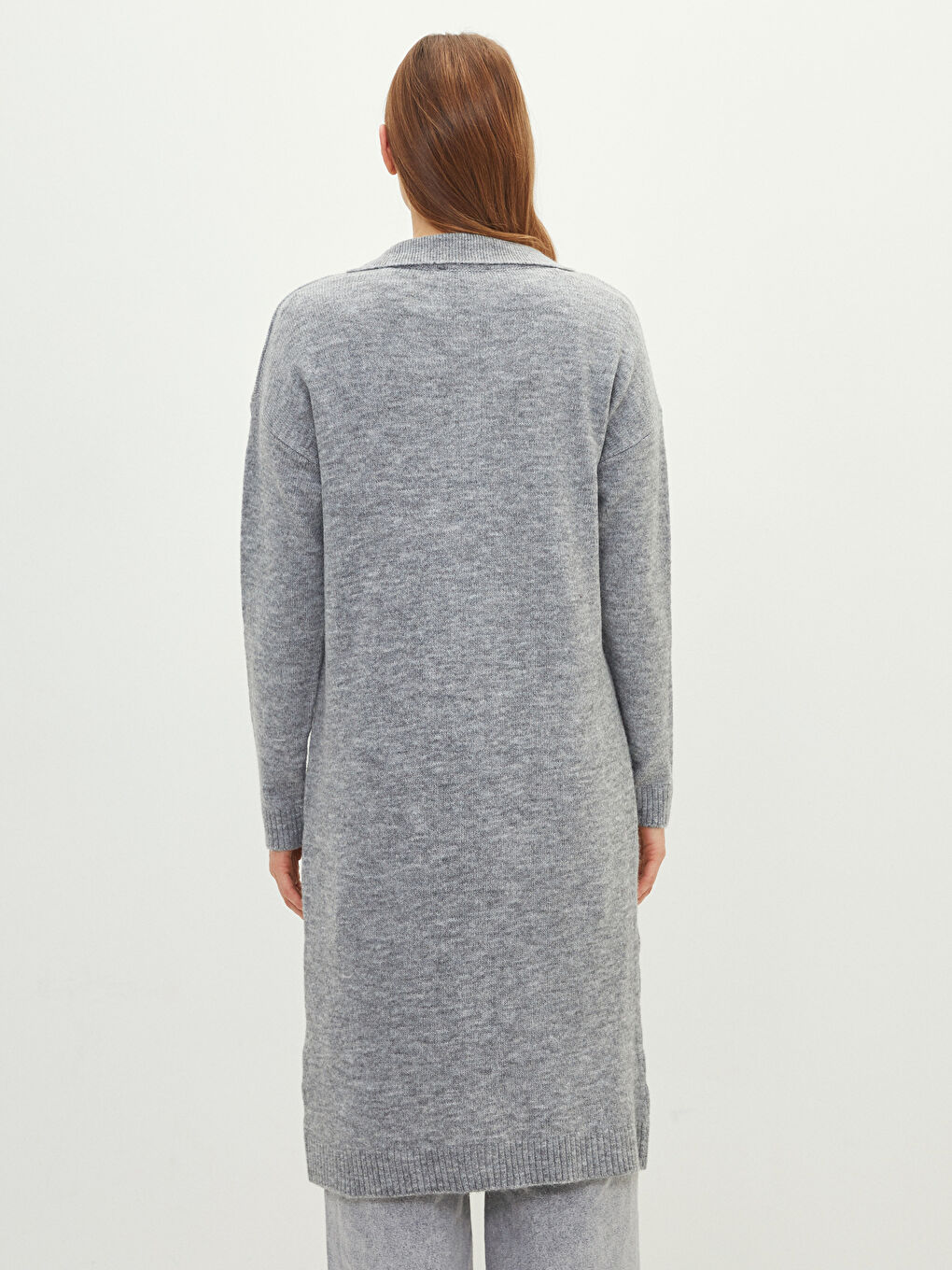 Gri Polo Yaka Düz Uzun Kollu Kadın Triko Tunik-4