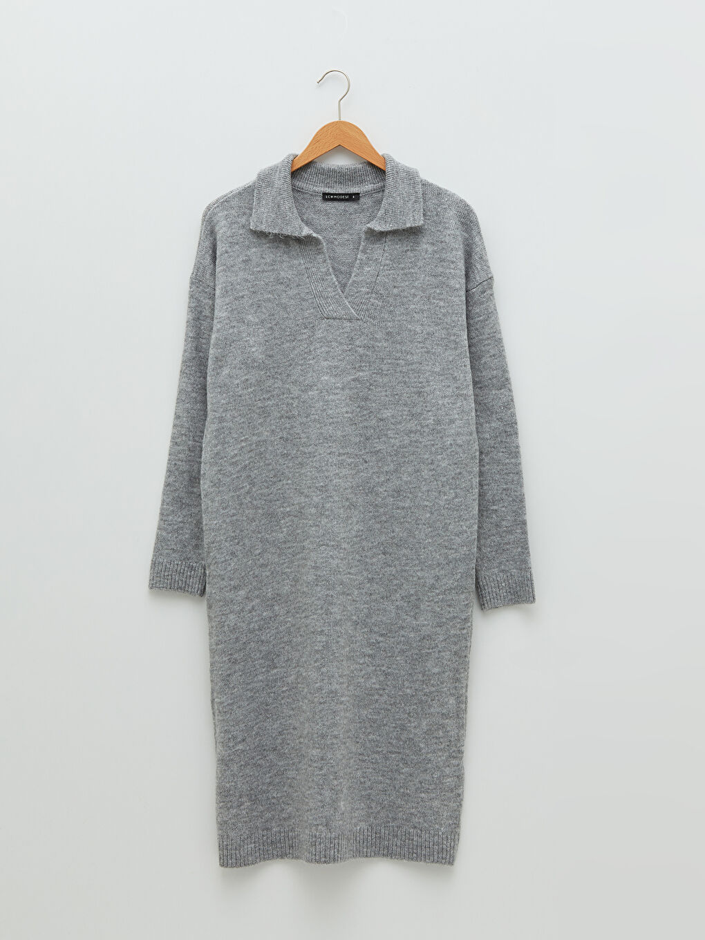 Gri Polo Yaka Düz Uzun Kollu Kadın Triko Tunik-5