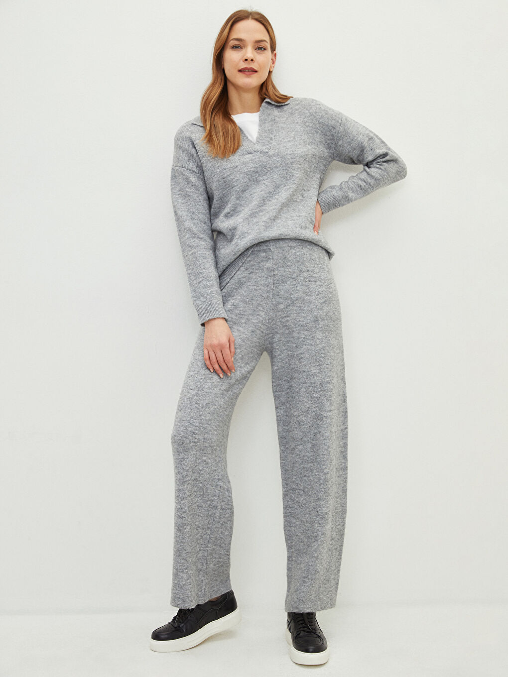 Elasticated Waist Plain Wide Leg Women's Knitwear Trousers