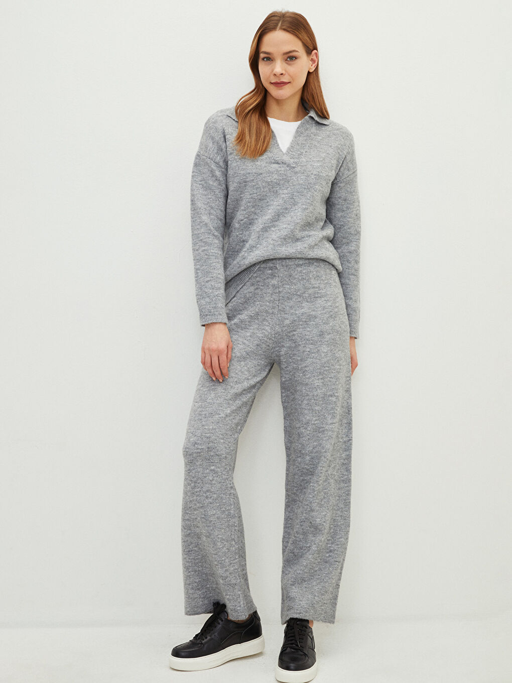 Elasticated Waist Plain Wide Leg Women's Knitwear Trousers-1