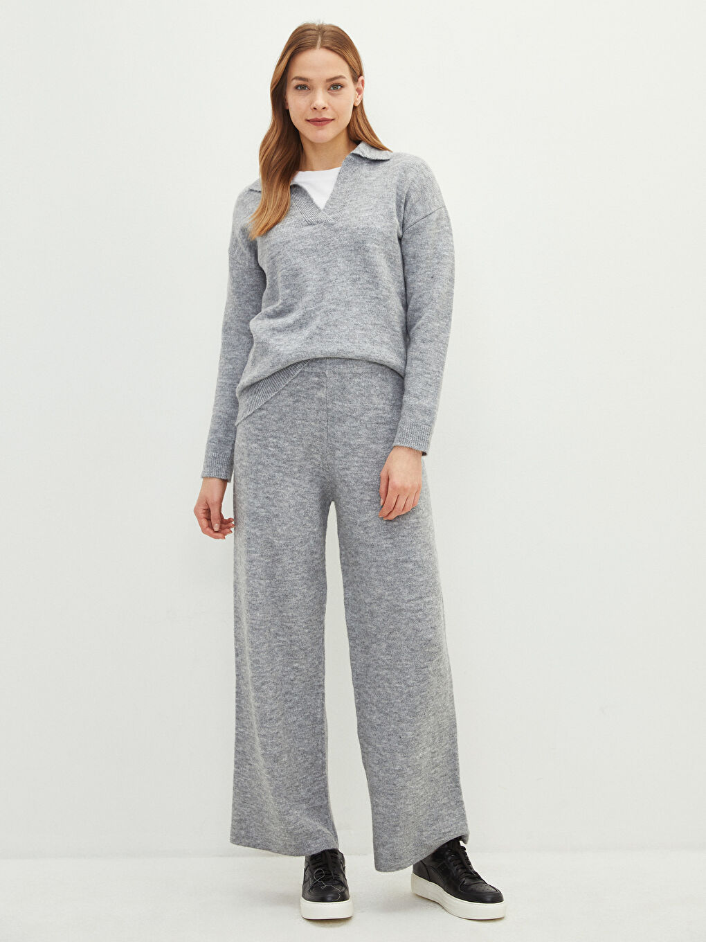 Elasticated Waist Plain Wide Leg Women's Knitwear Trousers-2