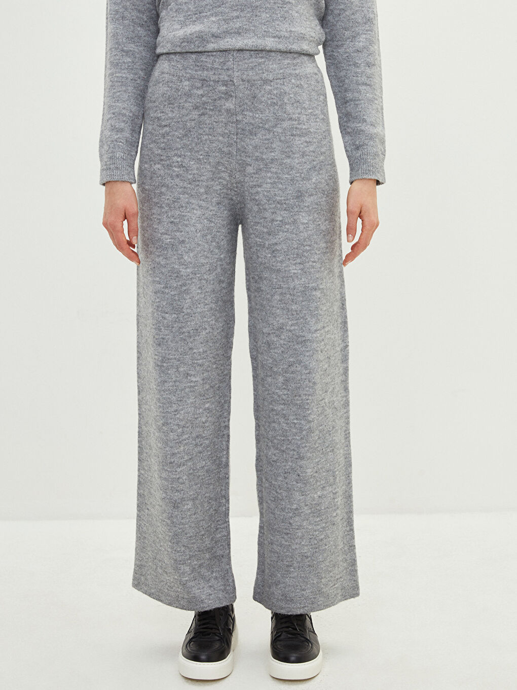 Elasticated Waist Plain Wide Leg Women's Knitwear Trousers-3