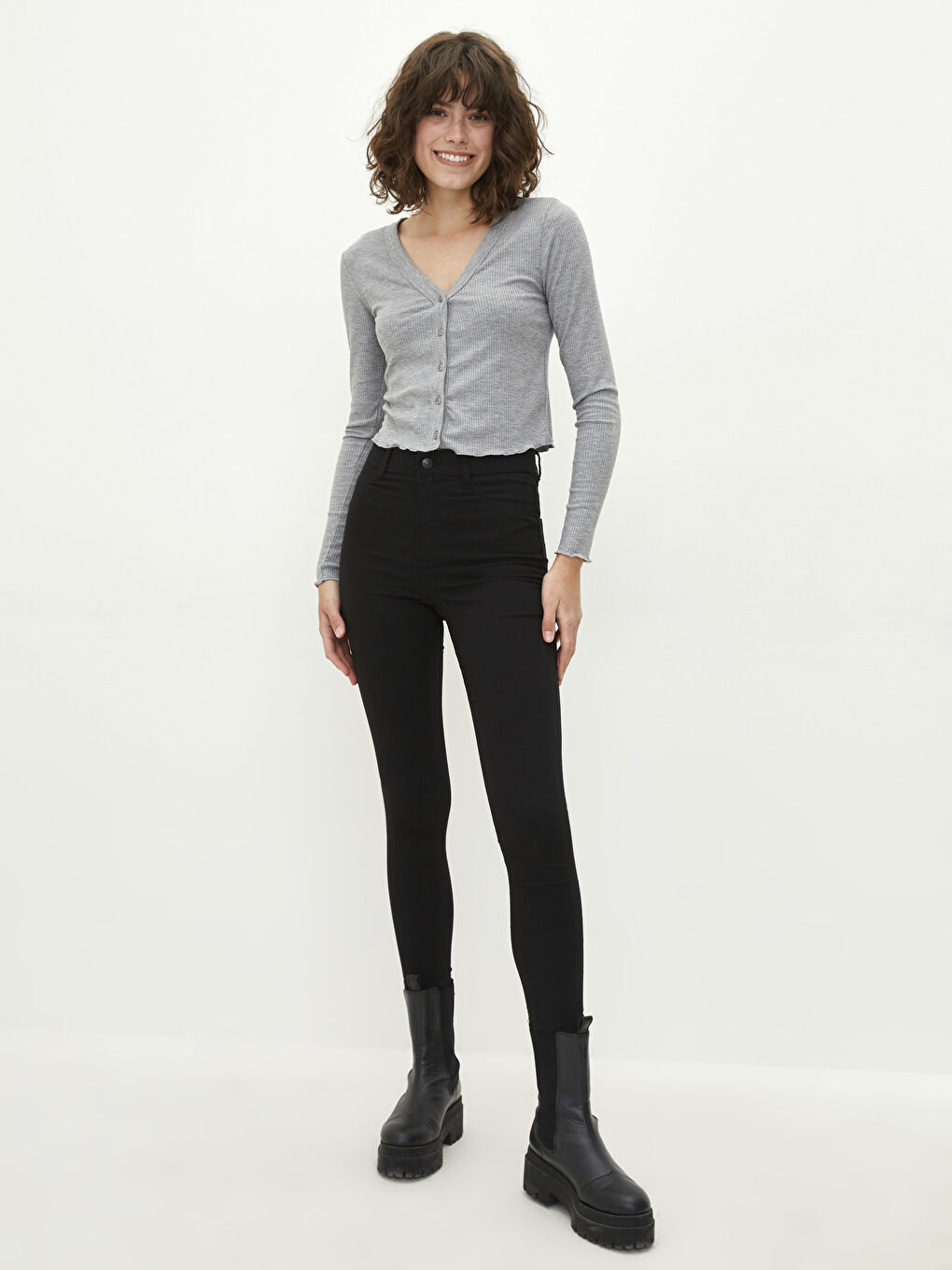 LCW Vision V-Ausschnitt Schlichte Langarm Strickjacke für Damen -W1M841Z8-L8N