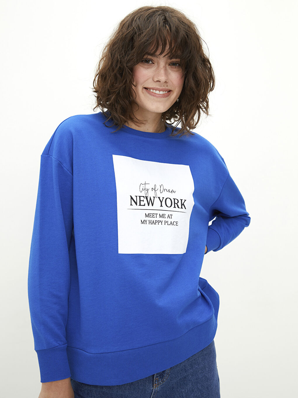 Mavi Bisiklet Yaka Baskılı Uzun Kollu Kadın Sweatshirt