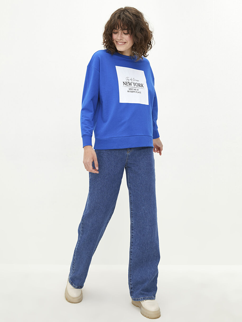 Mavi Bisiklet Yaka Baskılı Uzun Kollu Kadın Sweatshirt-1