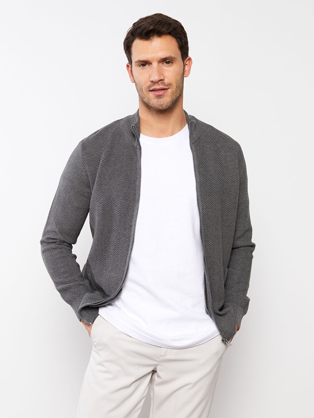 Antrasit Standart Kalıp Dik Yaka Erkek Triko Hırka-2