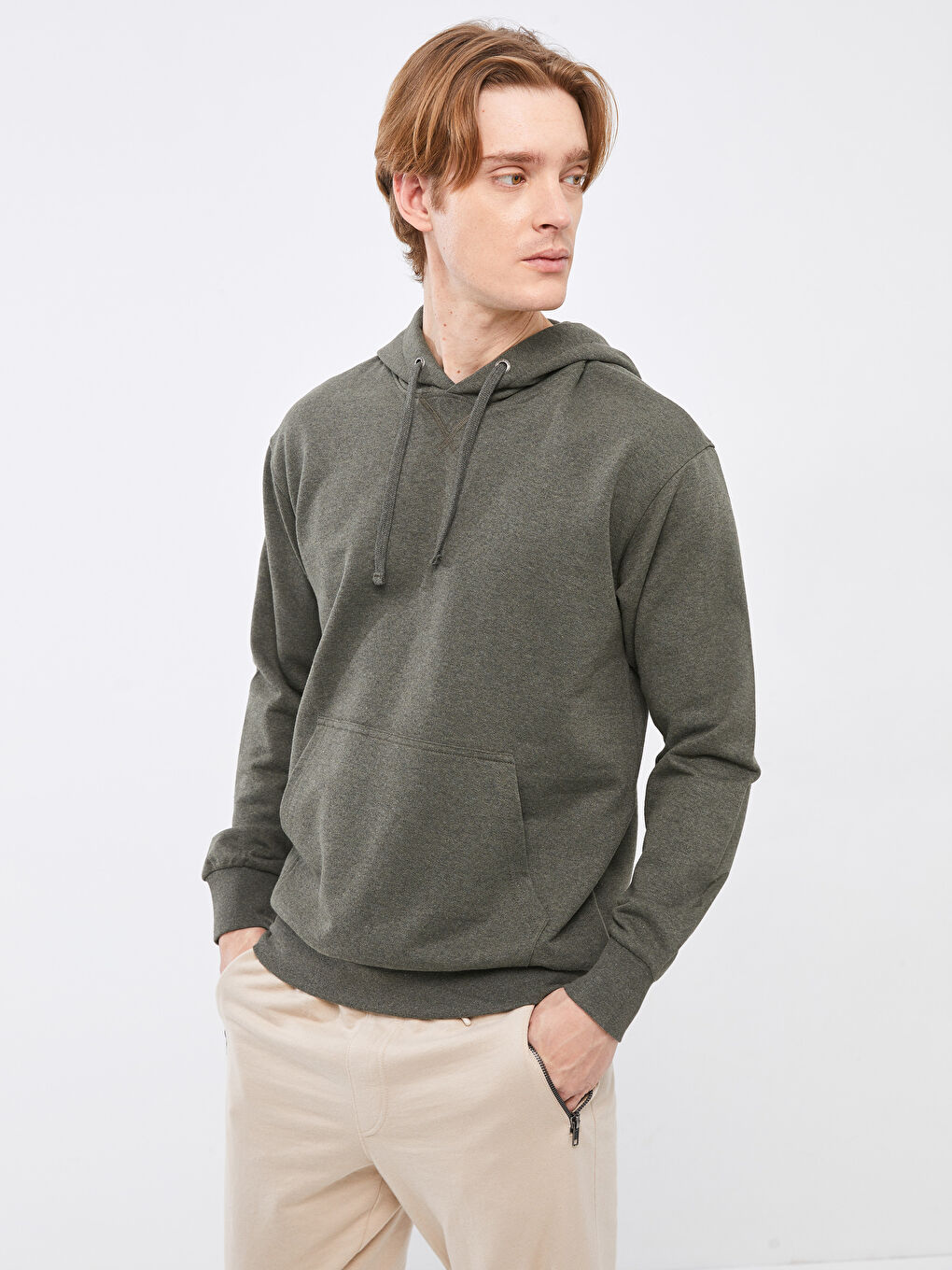 LCWAIKIKI Basic Haki Oversize Uzun Kollu Erkek Hoodie - 1