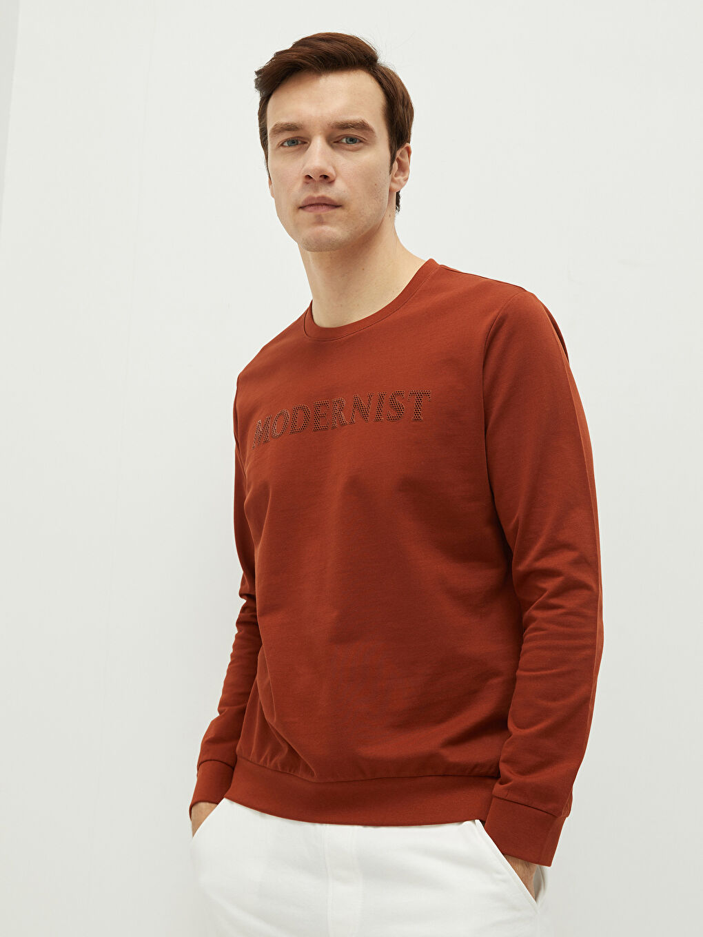 Kahverengi Bisiklet Yaka Uzun Kollu Baskılı Erkek Sweatshirt