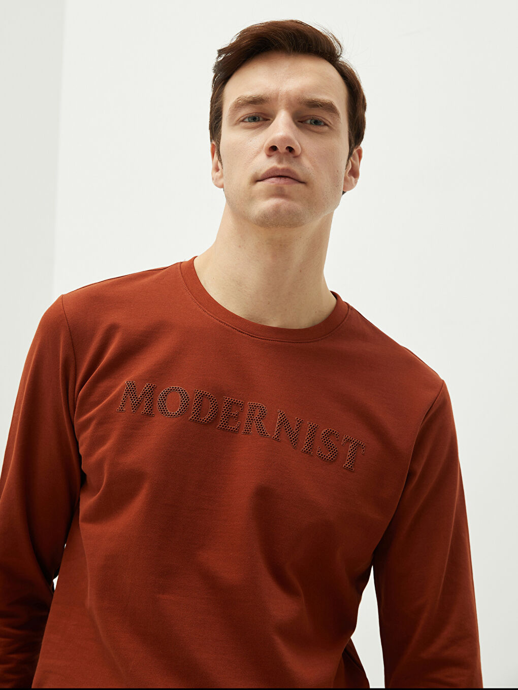 Kahverengi Bisiklet Yaka Uzun Kollu Baskılı Erkek Sweatshirt-1