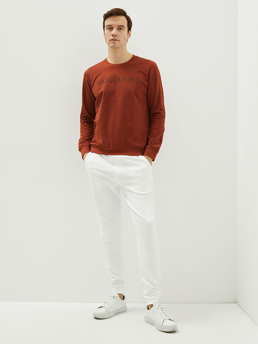 Kahverengi Bisiklet Yaka Uzun Kollu Baskılı Erkek Sweatshirt-2