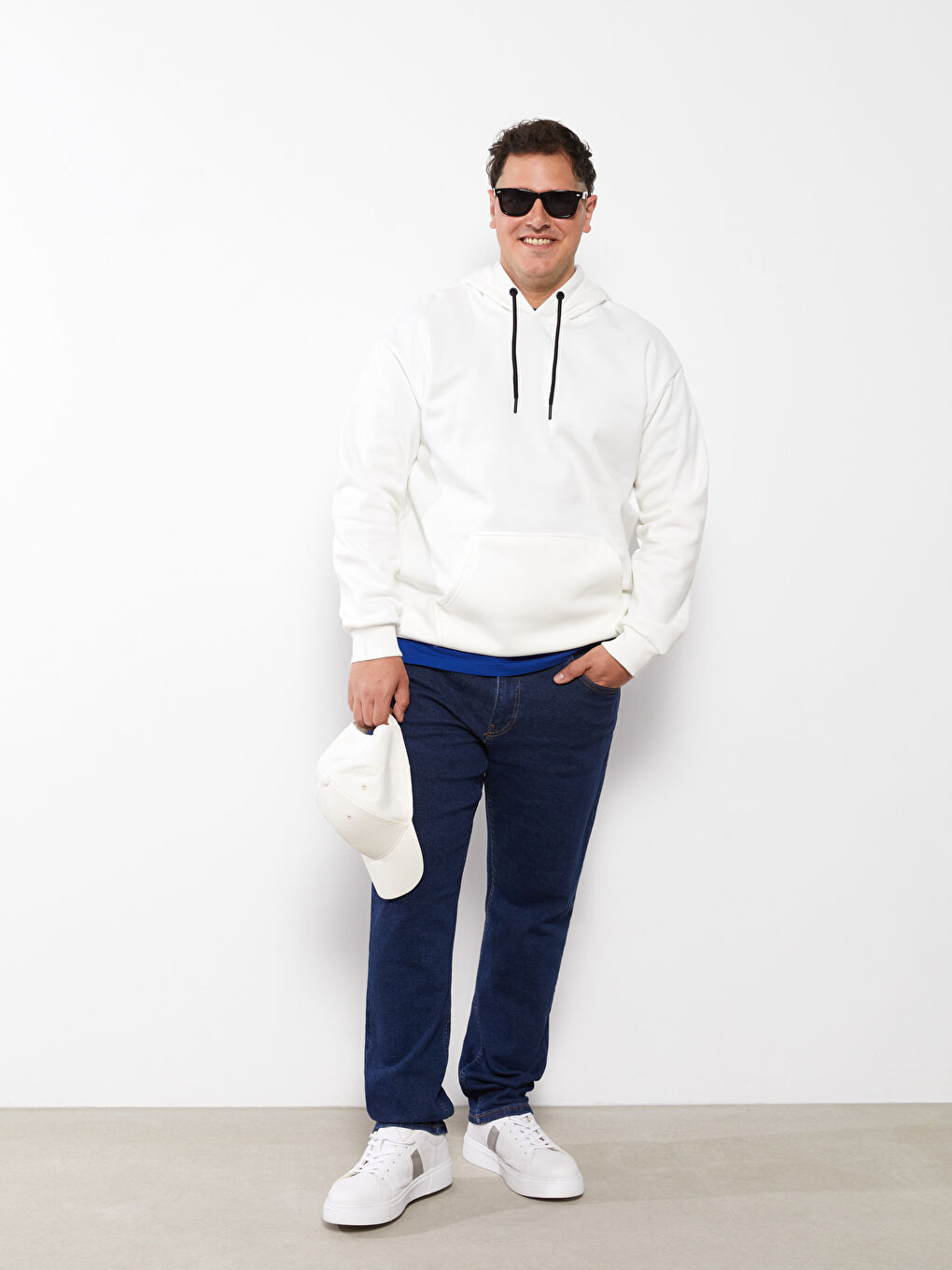 Beyaz Büyük Beden Uzun Kollu Basic Erkek Kalın Hoodie