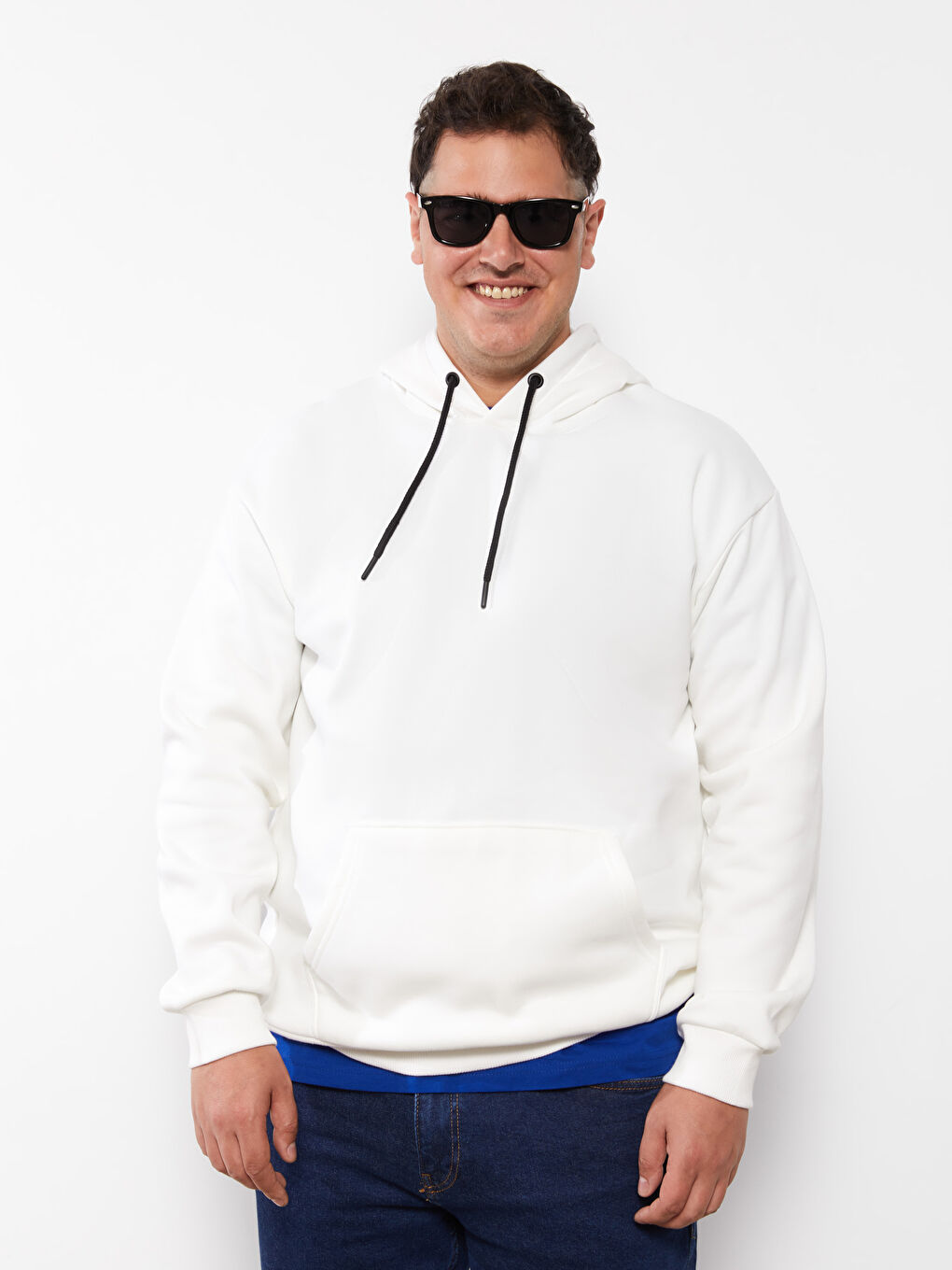 Beyaz Büyük Beden Uzun Kollu Basic Erkek Kalın Hoodie-1