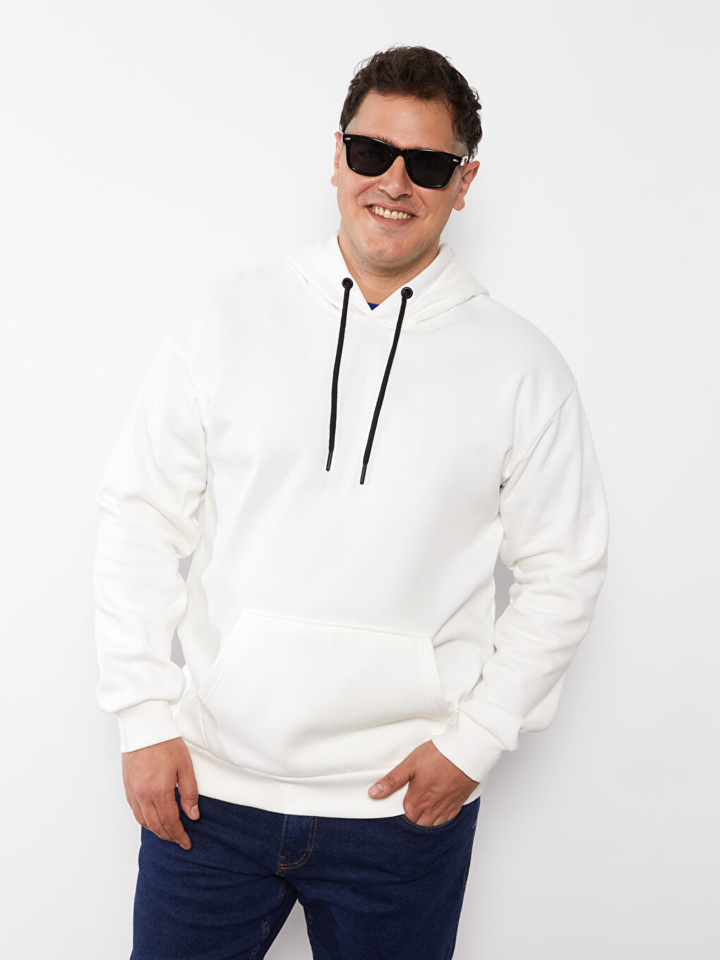 Beyaz Büyük Beden Uzun Kollu Basic Erkek Kalın Hoodie-2