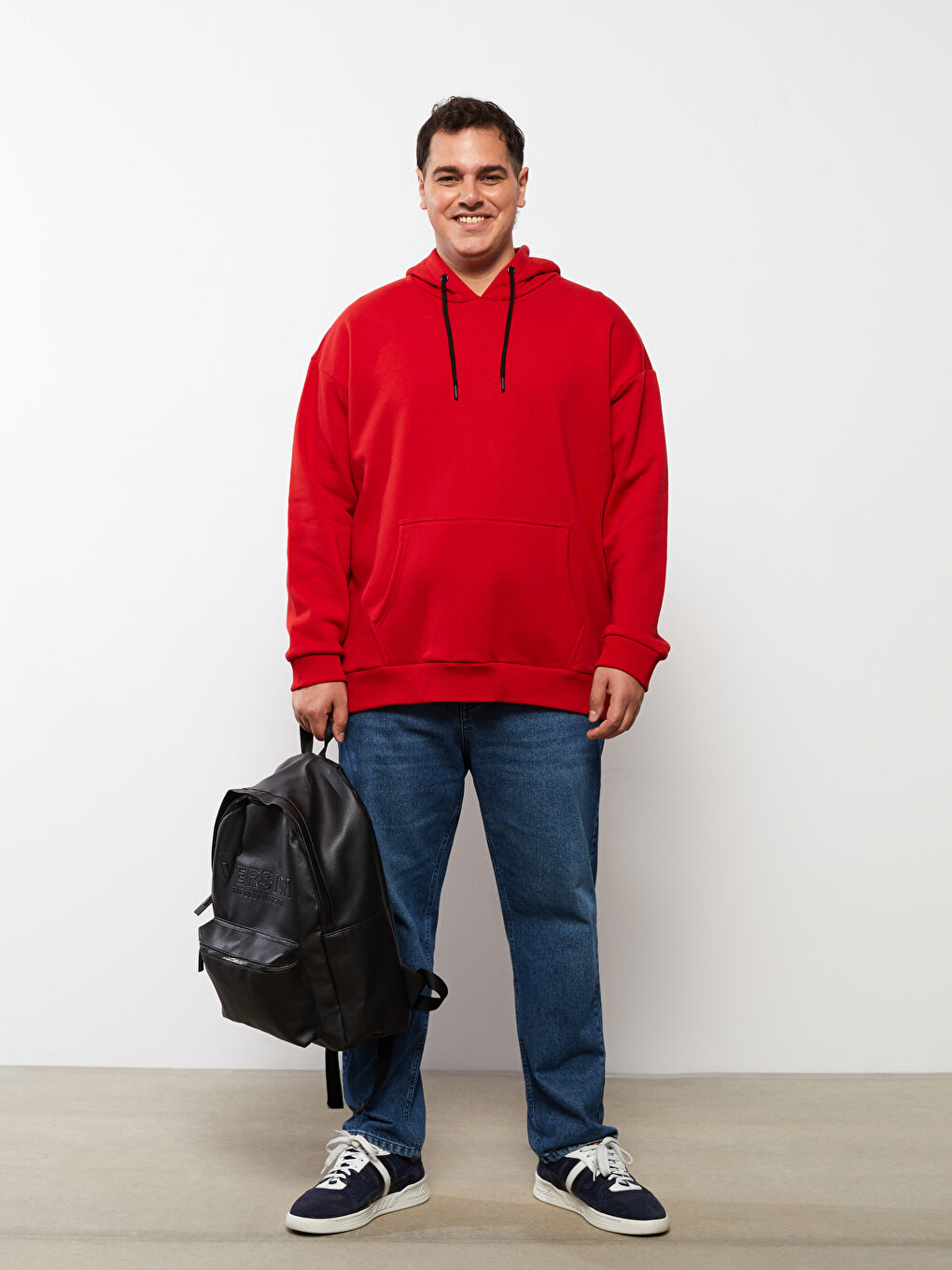 Kırmızı Büyük Beden Uzun Kollu Basic Erkek Kalın Hoodie