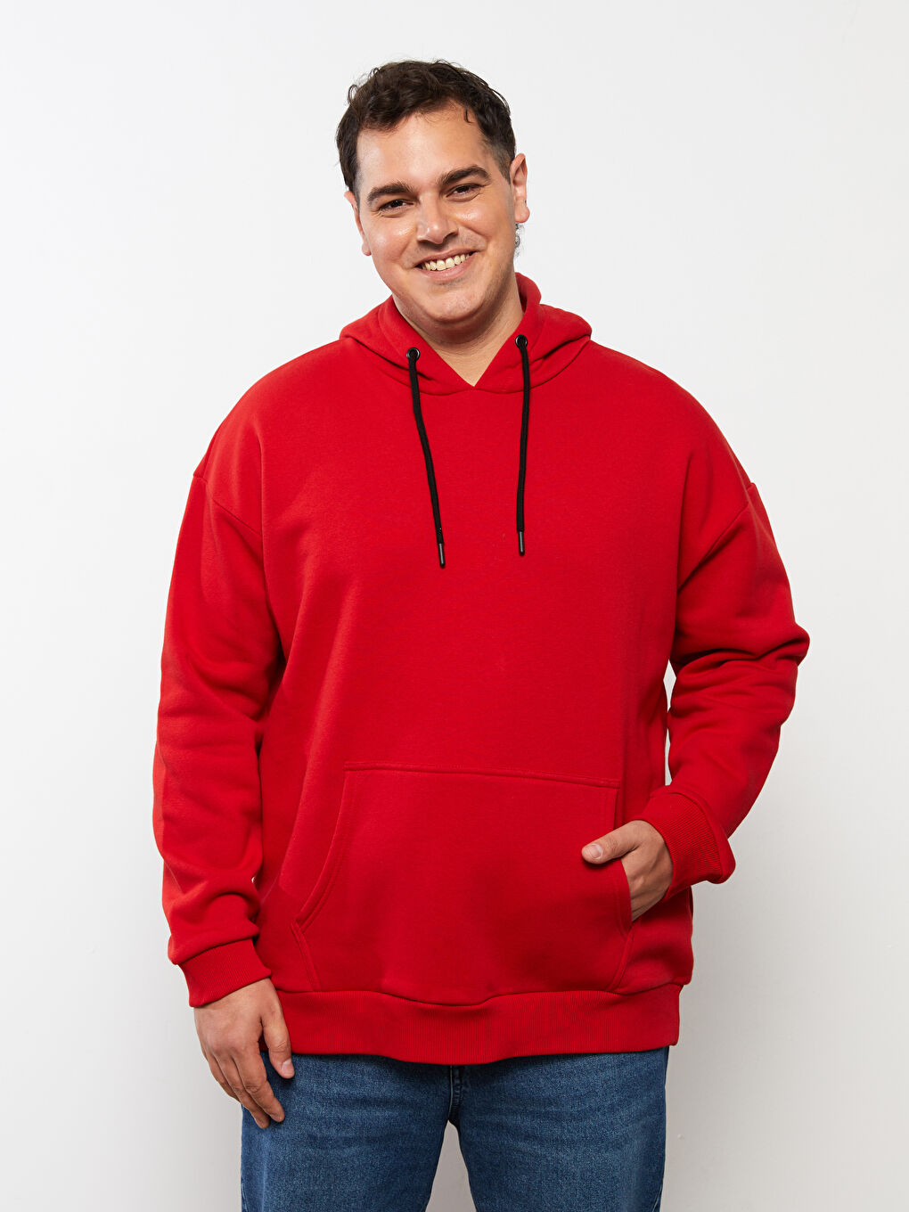 Kırmızı Büyük Beden Uzun Kollu Basic Erkek Kalın Hoodie-1