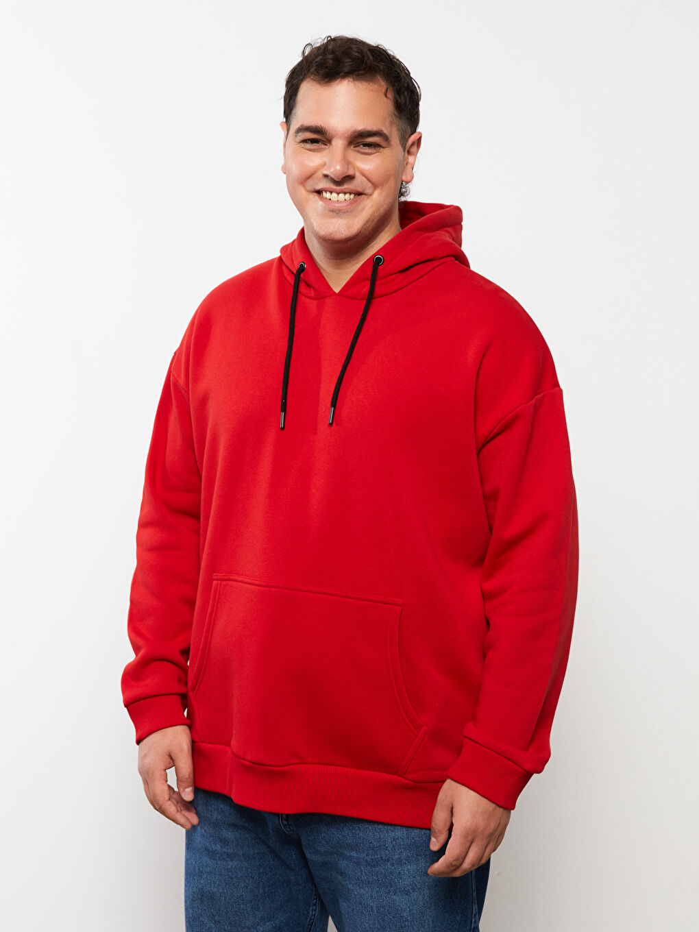 Kırmızı Büyük Beden Uzun Kollu Basic Erkek Kalın Hoodie-2