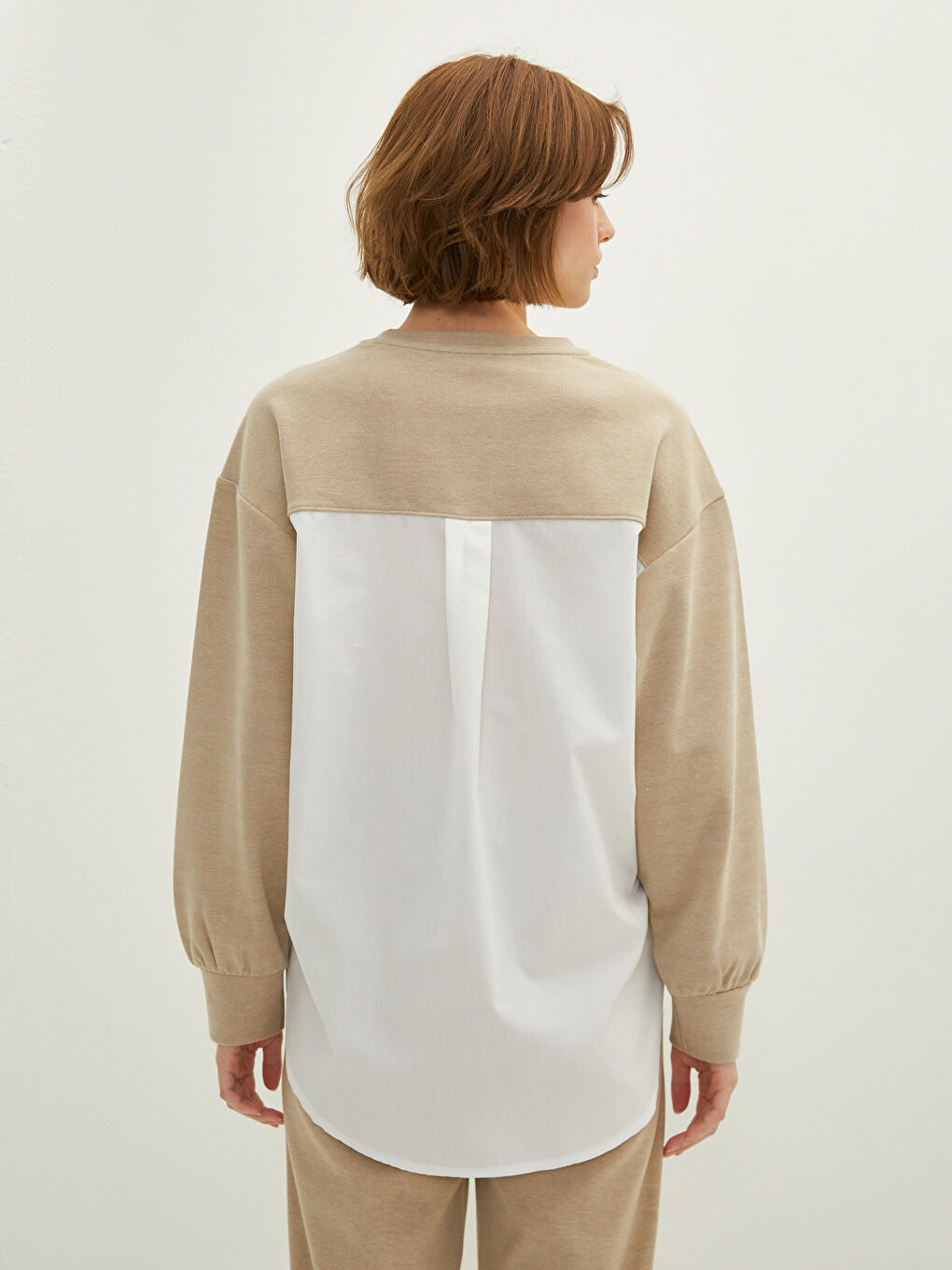 Bej Bisiklet Yaka Oversize Kadın Sweatshirt-4