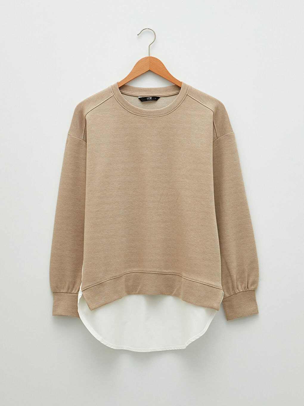 Bej Bisiklet Yaka Oversize Kadın Sweatshirt-5