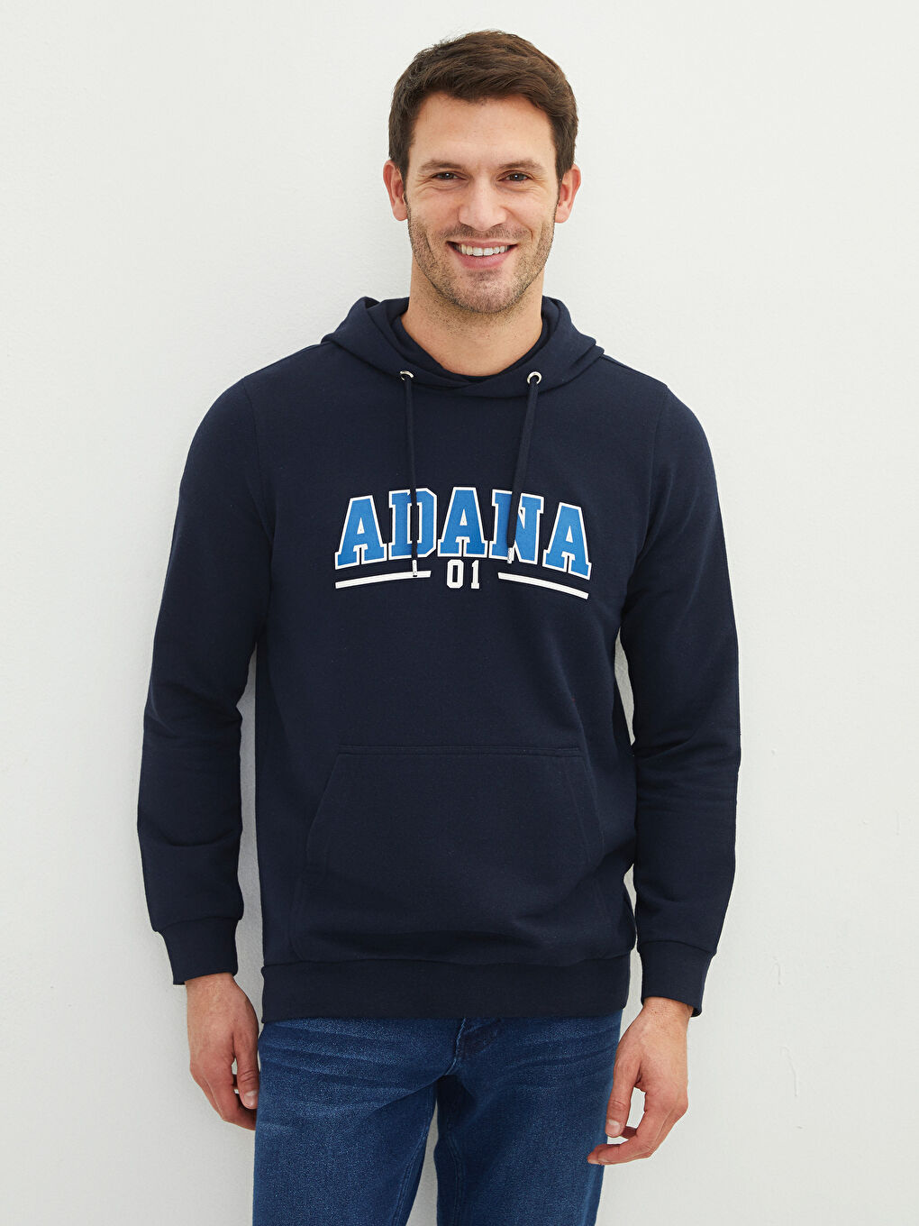 Lacivert Uzun Kollu Adana Baskılı Erkek Hoodie-1