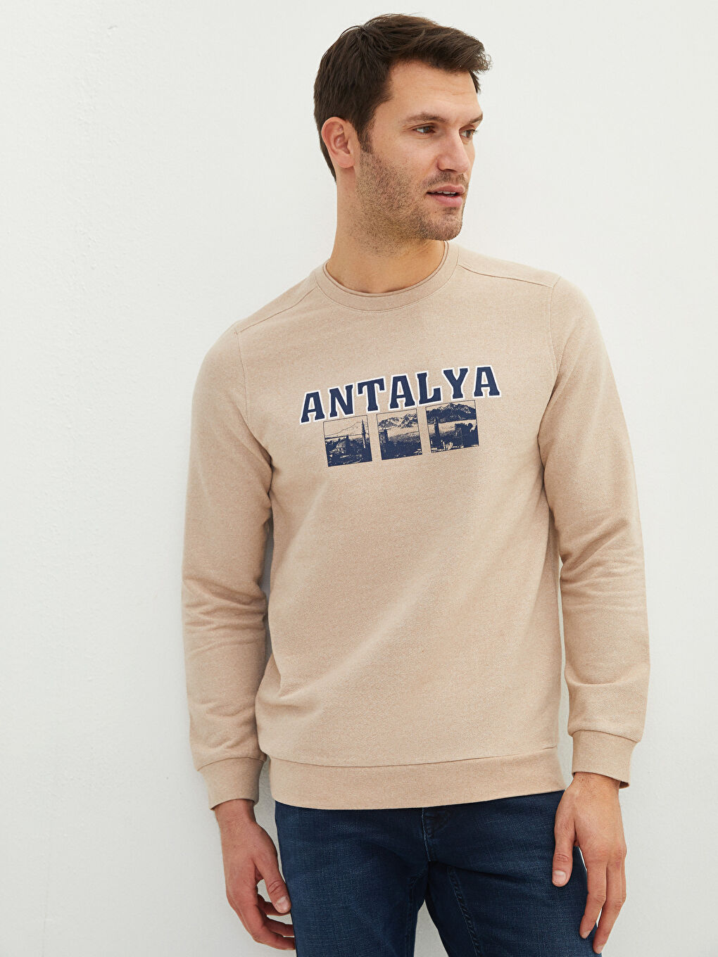 Bej Bisiklet Yaka Uzun Kollu Antalya Baskılı Erkek Sweatshirt