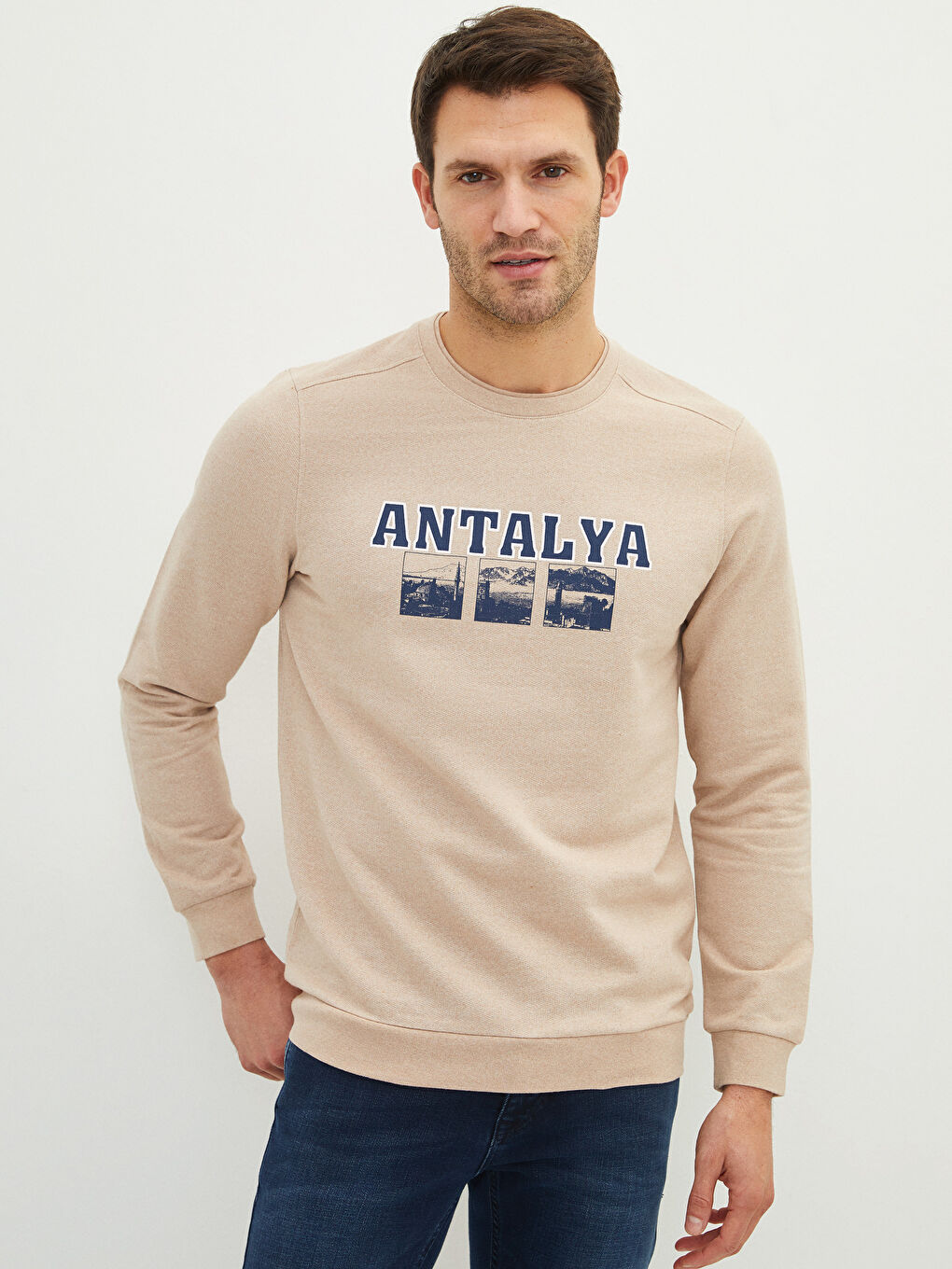 Bej Bisiklet Yaka Uzun Kollu Antalya Baskılı Erkek Sweatshirt-1