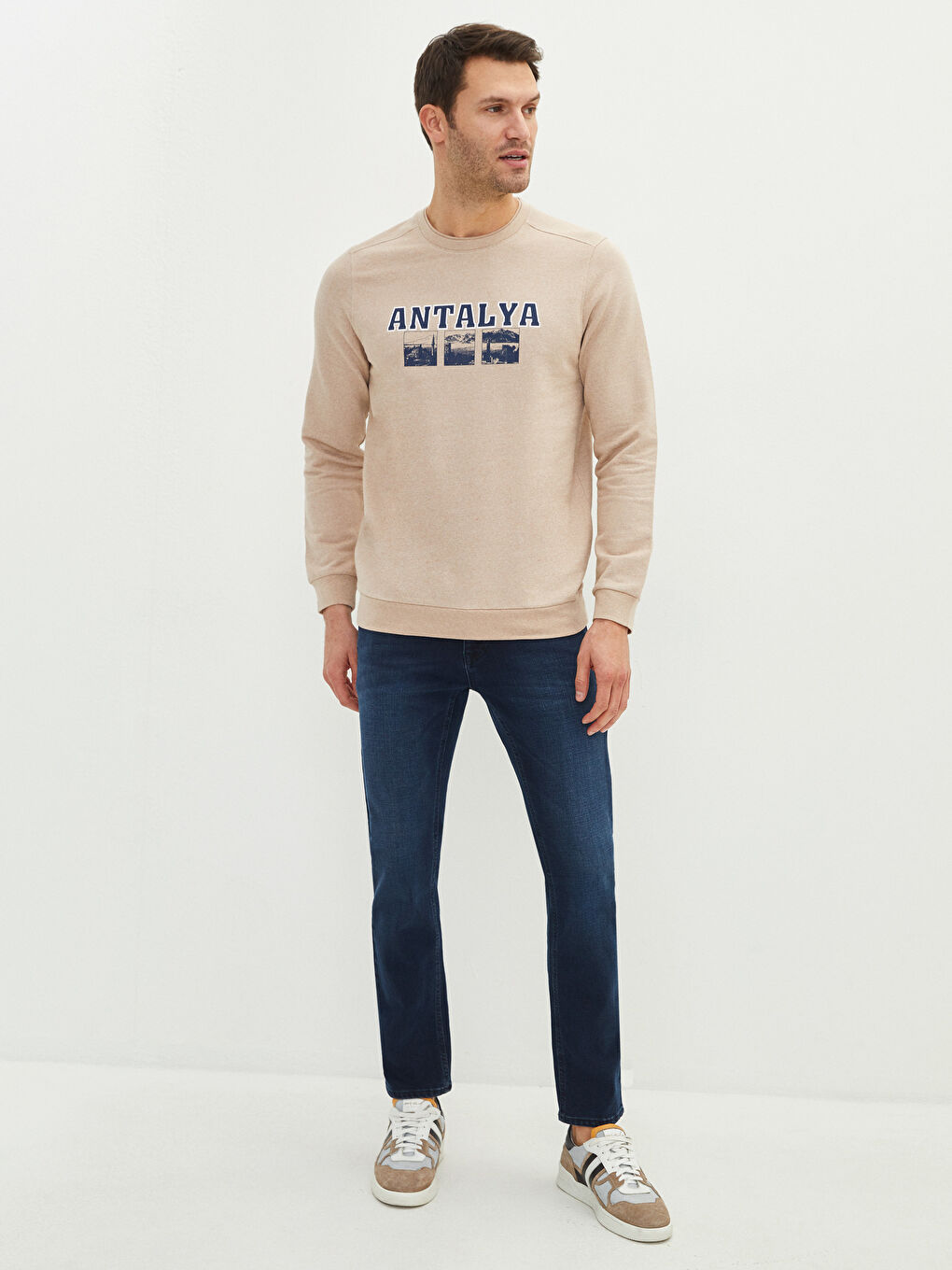 Bej Bisiklet Yaka Uzun Kollu Antalya Baskılı Erkek Sweatshirt-2