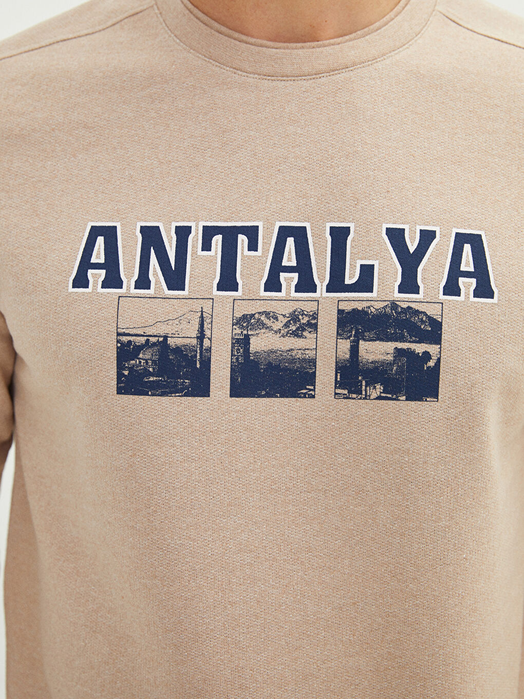 Bej Bisiklet Yaka Uzun Kollu Antalya Baskılı Erkek Sweatshirt-3