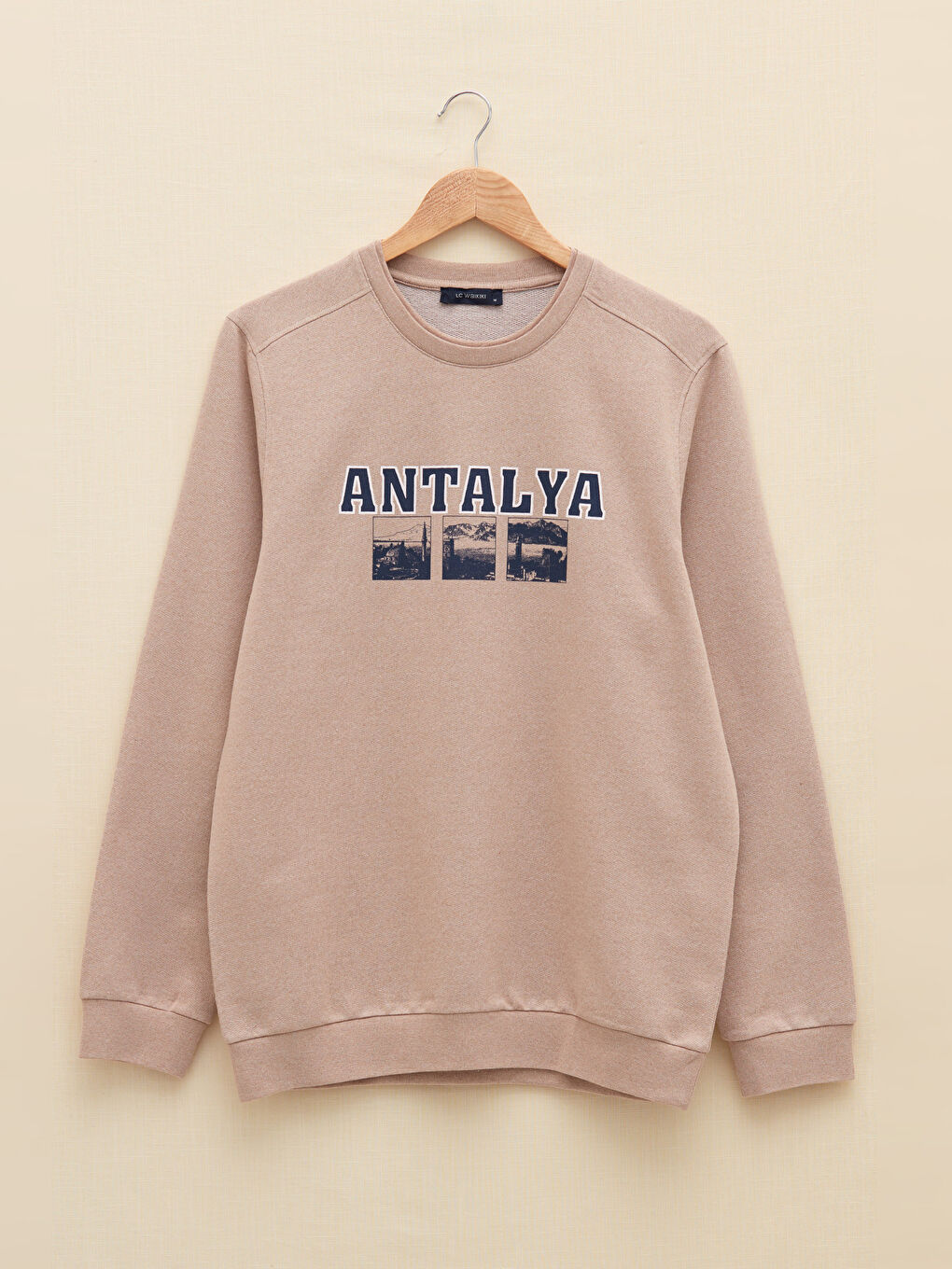 Bej Bisiklet Yaka Uzun Kollu Antalya Baskılı Erkek Sweatshirt-5